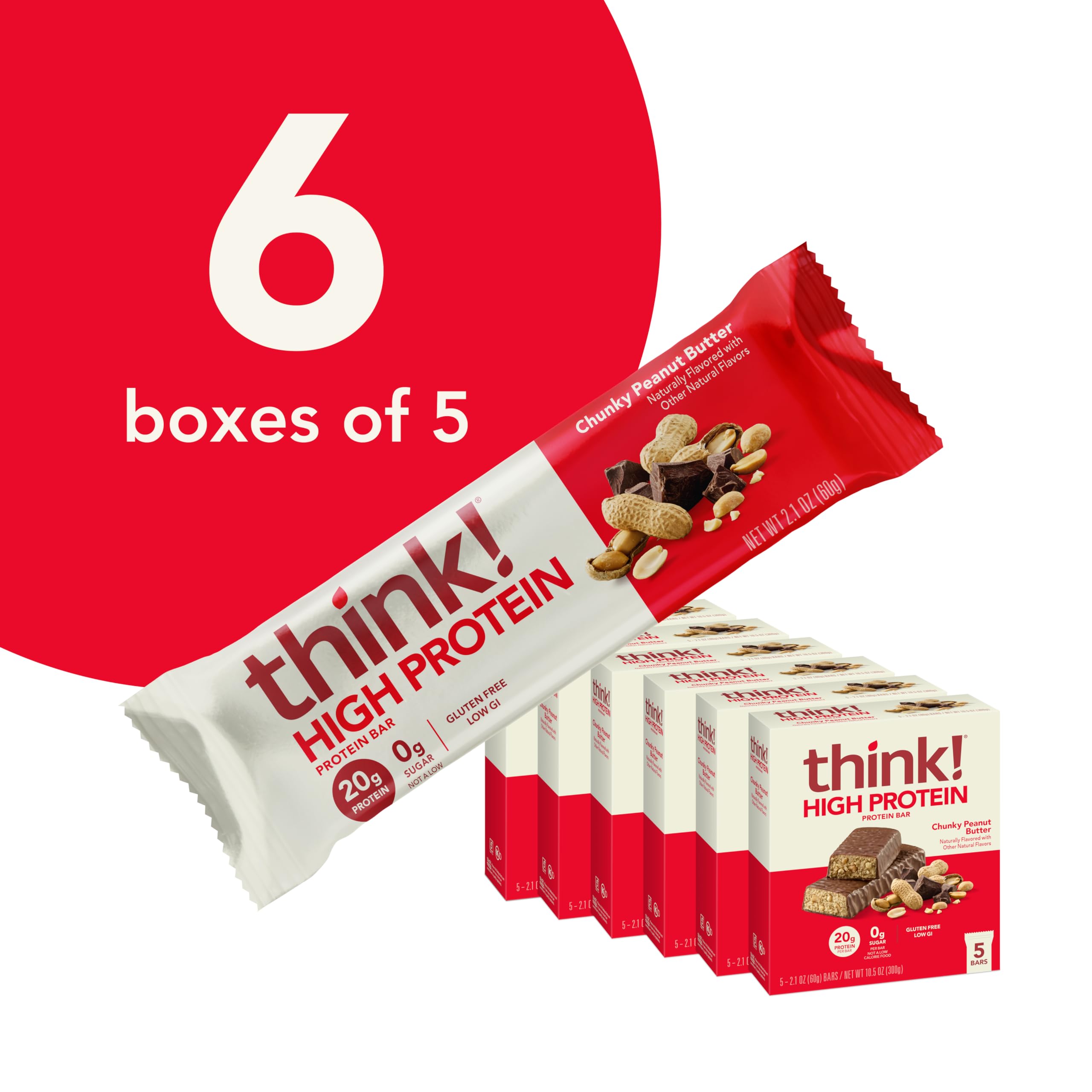 Think! Protein Bars - High Protein, Gluten Free, Kosher Friendly, Chunky Peanut Butter Nutrition Snacks, 2.1 Oz per Bar, 30 Count (Packaging May Vary) | Ideal for Workout Recovery, Office Snacks & Healthy On-the-Go Meals