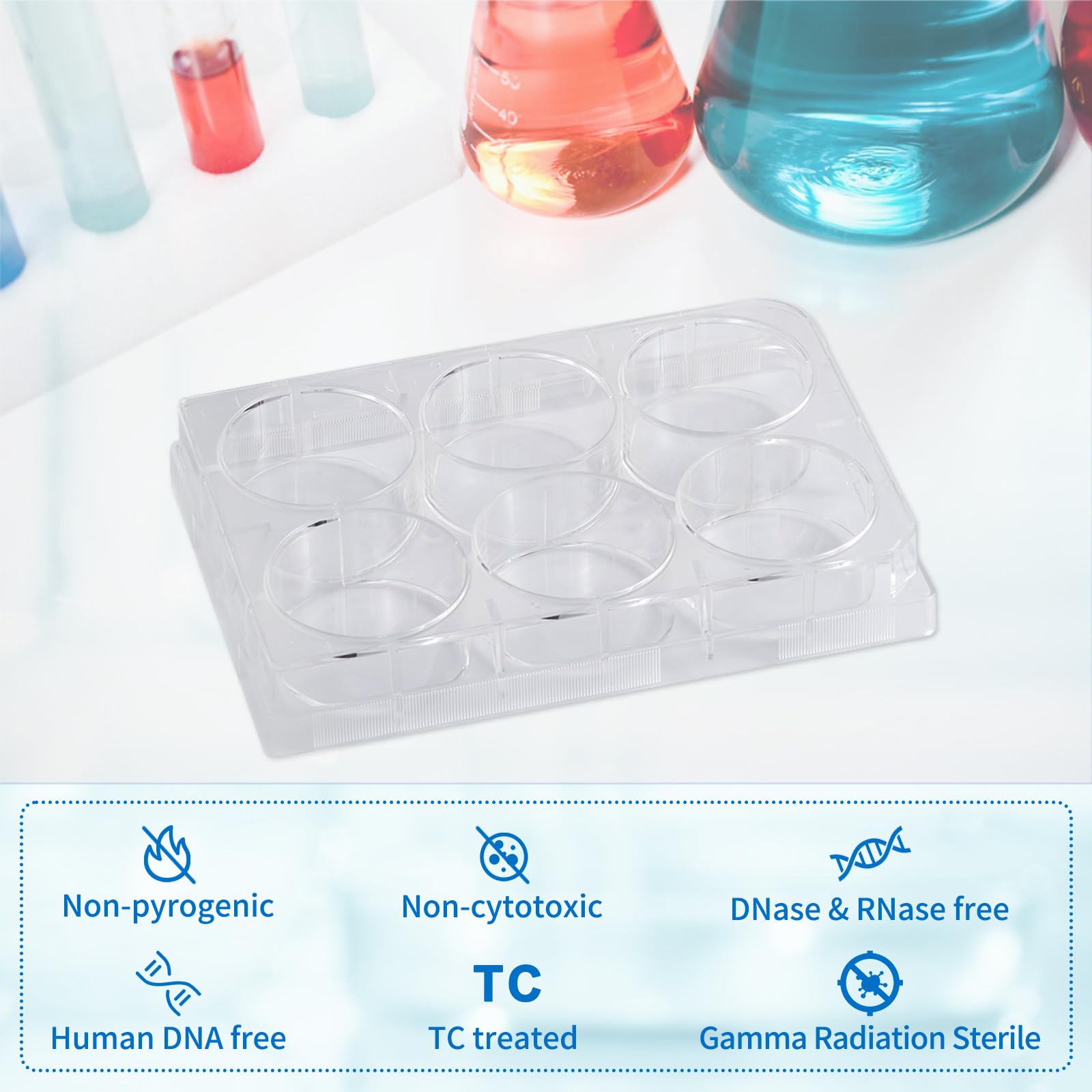 Sterile 6-Well Polystyrene Cell Culture Plates with Lids - Individually Wrapped, Tissue Culture Treated for Laboratory Use - Ideal for Cell Growth, Chemical Reactions & Biomedical Research - Case of 50