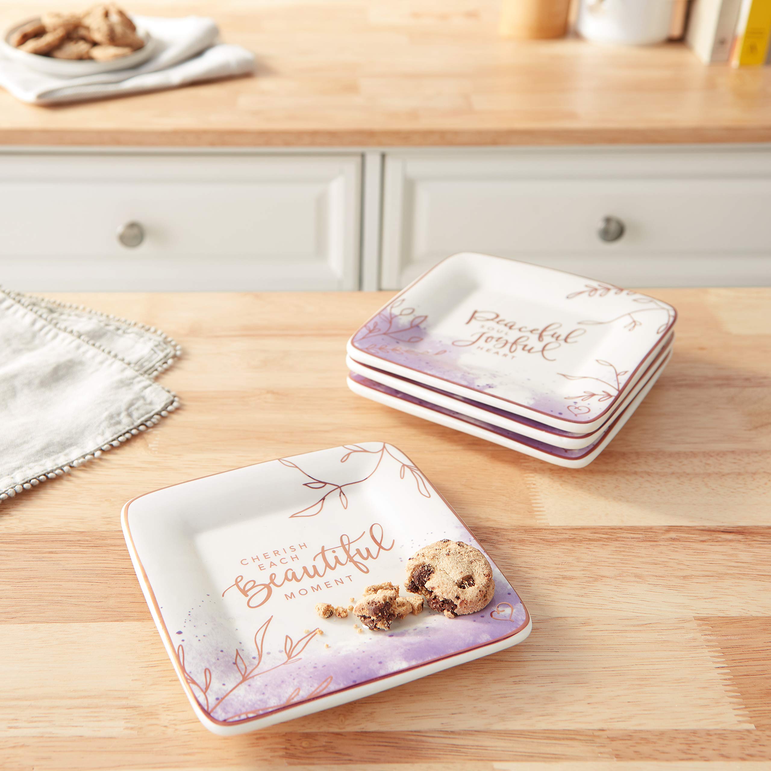Precious Moments 191441 Peaceful Moments 4-Piece Ceramic Dessert Plates Set - Perfect for Tea Parties, Bridal Showers & Special Occasions