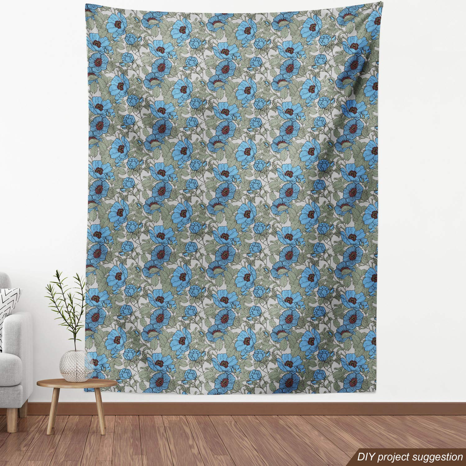 Lunarable Floral Fabric by The Yard - Dog Rose Garden Print Upholstery Fabric for Sofa, Curtains, Pillows - Sage Green Blue Pearl Home Decor Fabric - Perfect for DIY Sewing, Craft Projects & Home Accents
