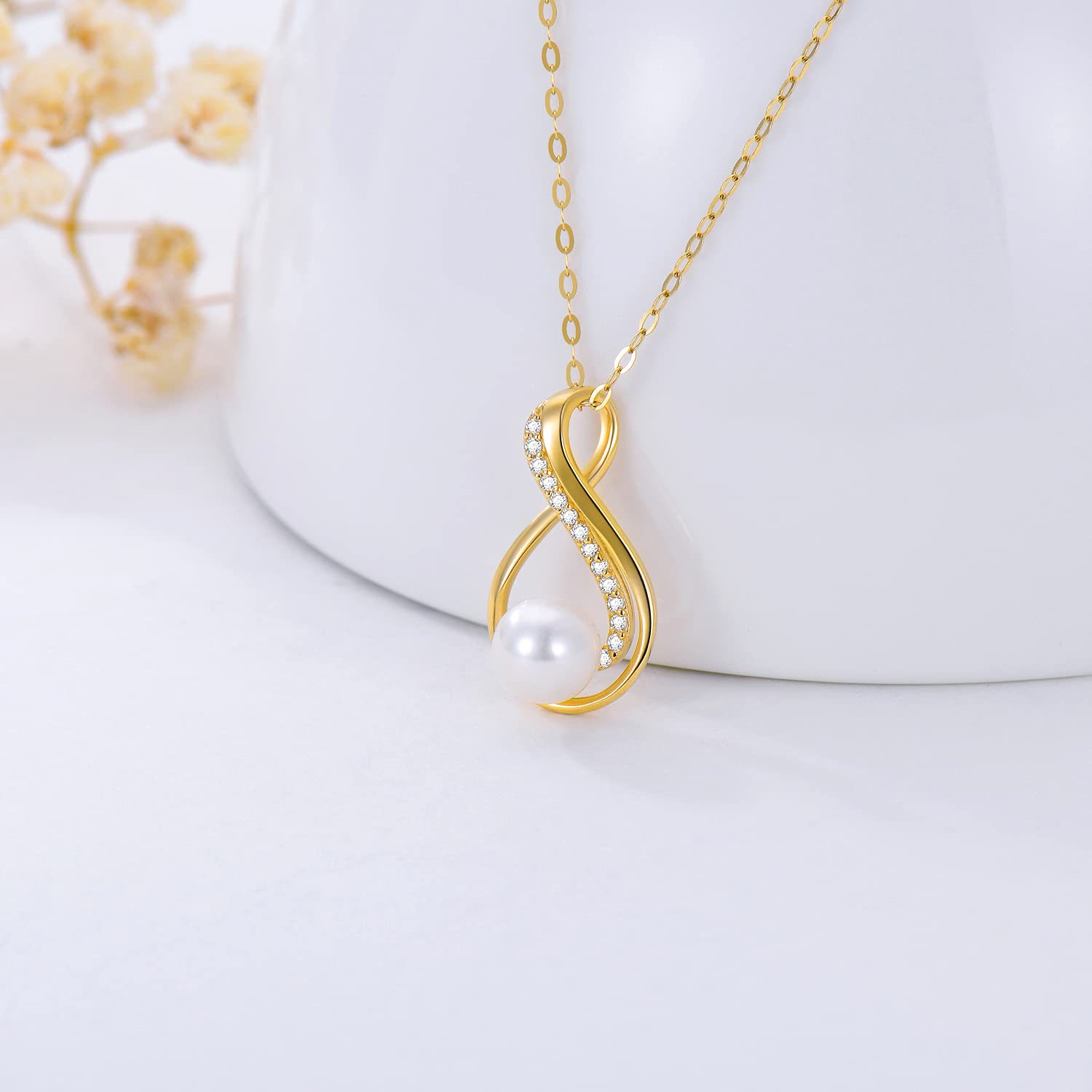 14K Yellow Gold Pearl Necklace for Women - Genuine Gold Pearl Pendant Jewelry - Perfect Gift for Mother's Day, Birthday, Anniversary - Elegant Necklace for Mom, Wife, Grandma (16
