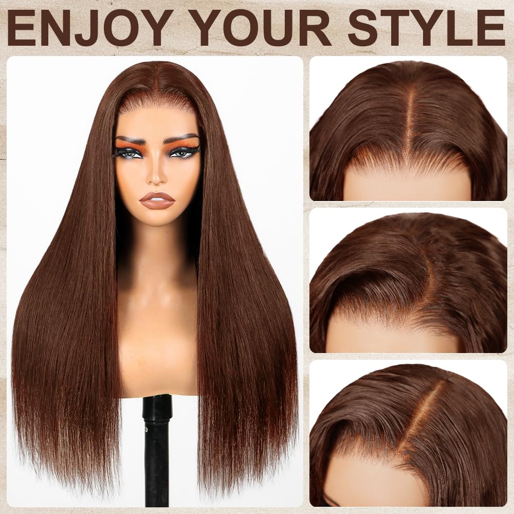 LZGYE 26inch Chocolate Brown Lace Front Human Hair Wig - 7x5 Glueless Straight Wig with Pre Plucked Hairline & Bye Bye Knots (220 Density, #4 Dark Brown) | Perfect for Daily Wear, Cosplay, and Special Occasions