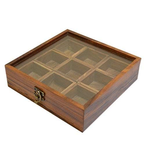 Premium Wooden Spice Box with Transparent Lid & Spoon - Perfect for Indian Cooking, Spice Storage & Kitchen Organization