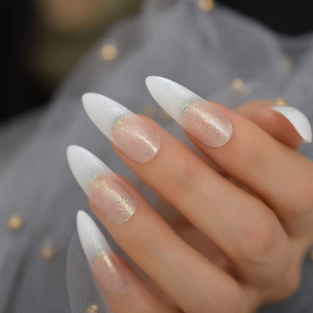 Extra Long Shimmer Glitter White French Press On Nails - Pre-Designed Fake Nails with Jelly Stickers for Easy Application | Perfect for Parties, Weddings & Special Occasions