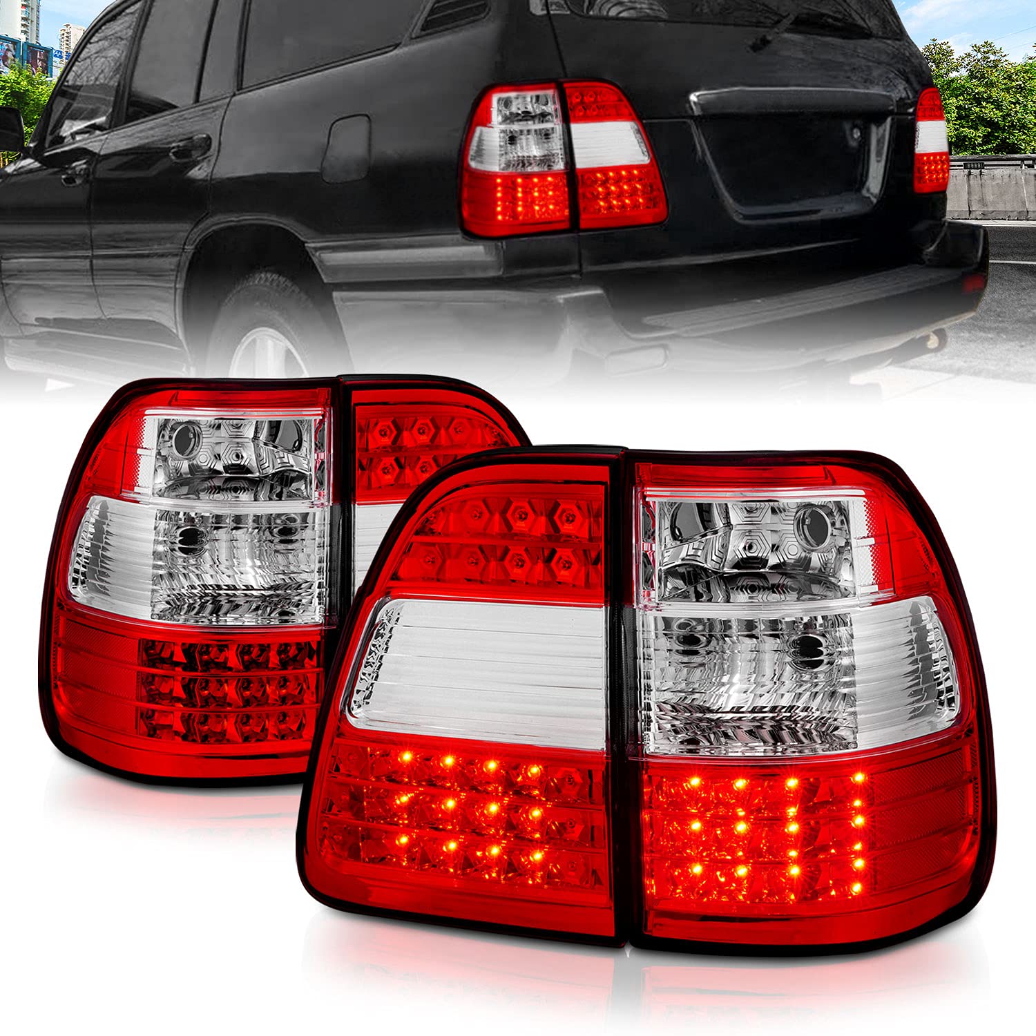 AmeriLite Red/Clear LED Brake Tail Lights Replacement Set for 1998-2005 Toyota Land Cruiser - Left & Right Side - Durable & Bright LED Lights for Enhanced Safety & Style - Perfect for Off-Road Adventures & Night Driving