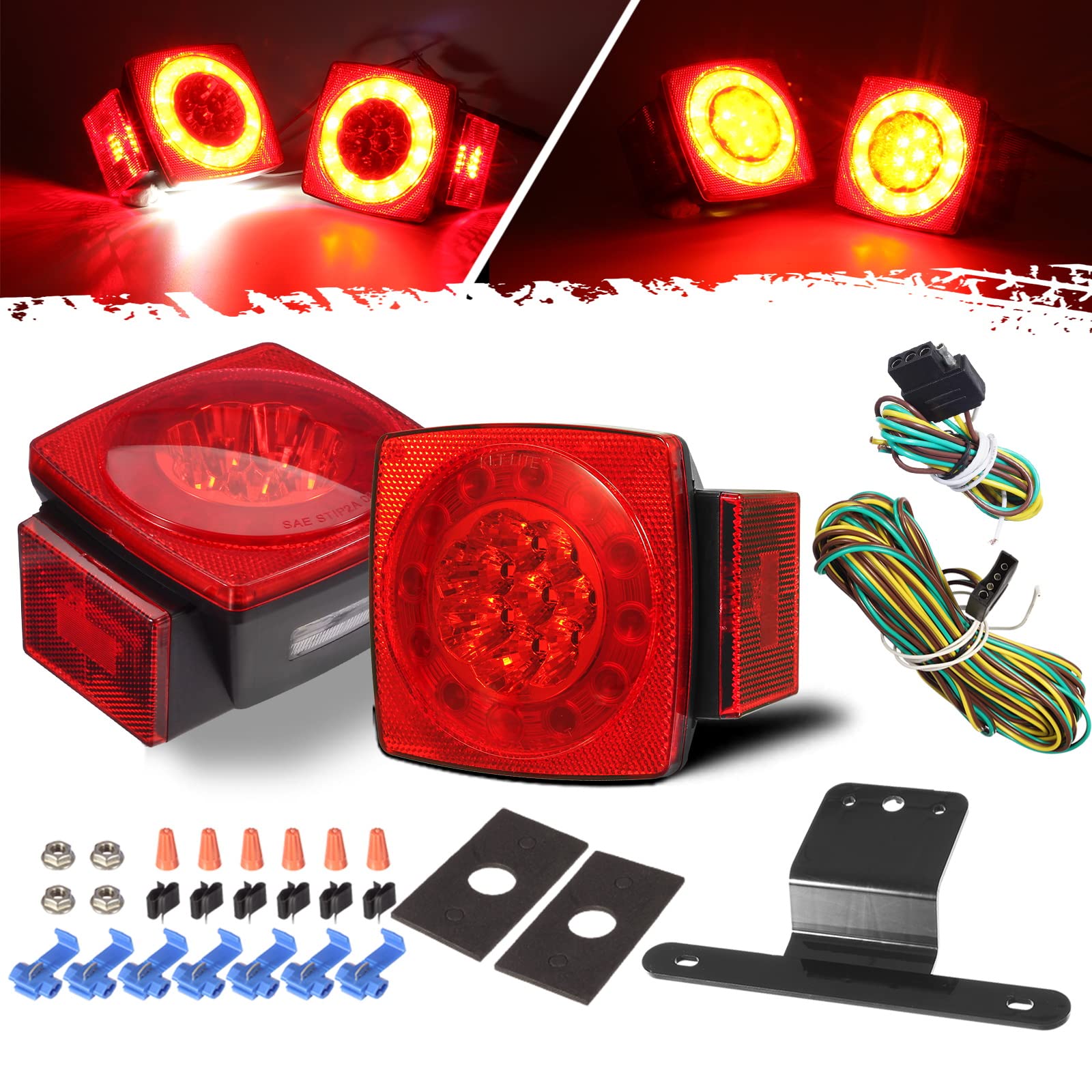 Partsam 12V Waterproof LED Submersible Trailer Tail Lights Kit - Square Halo Glow Lights with Wiring Harness for RV, Marine, Boat Trailers | Brake, Stop, Turn & Running License Lights | Perfect for Night Driving & Water Activities