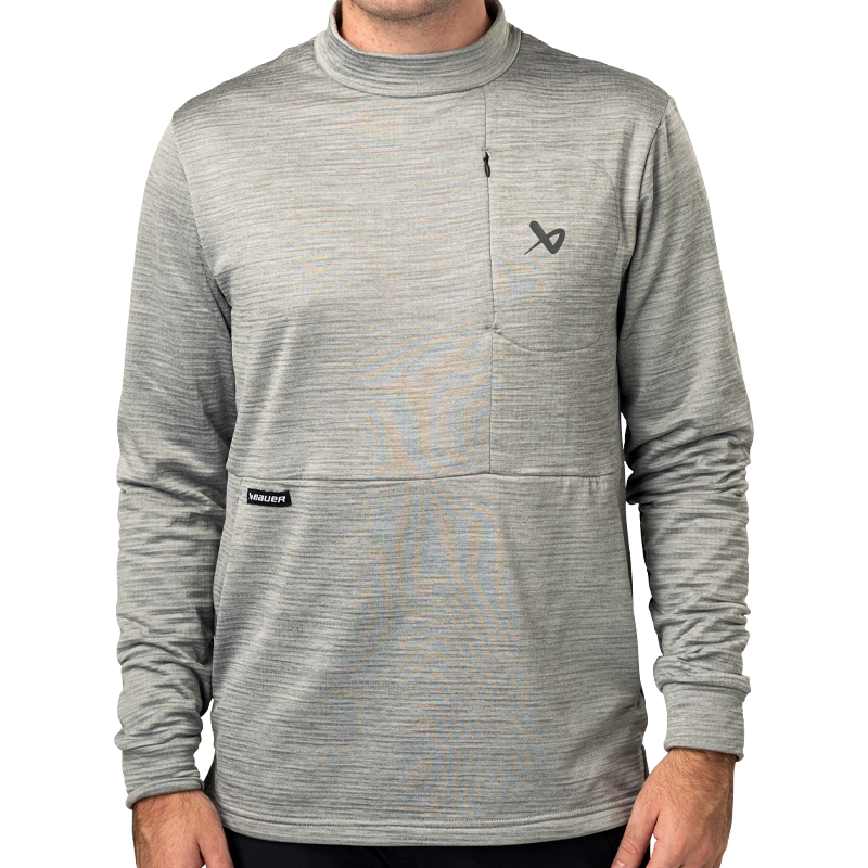 Bauer FLC Mock Neck Long Sleeve Tee for Men - Comfortable Athletic Shirt, Moisture-Wicking Performance Fabric - Ideal for Hockey Training, Gym Workouts & Casual Wear (Grey)