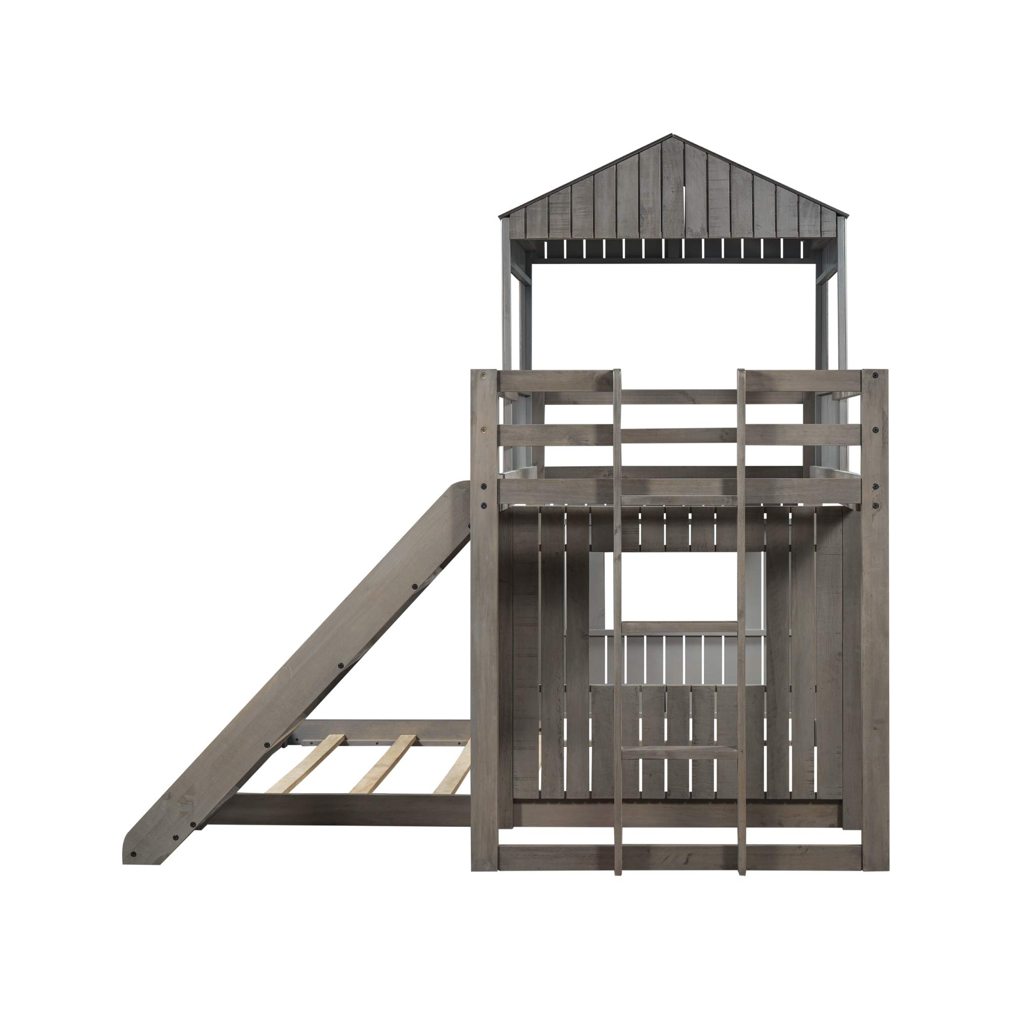 Quarte Twin Over Full Bunk Bed with Slide & Ladder - Solid Wood Loft Bed Frame with Playhouse, Farmhouse Design & Safety Guardrails - Perfect for Kids, Teens & Toddlers (Antique Gray) - Space-Saving Solution for Bedrooms, Playrooms & Vacation Homes