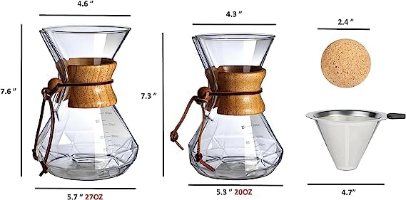 Premium Pour Over Coffee Maker with Wood Sleeve & Cork Stopper - 20oz/600ml Glass Dripper for Specialty Coffee Brewing - Perfect for Home, Office & Camping Use