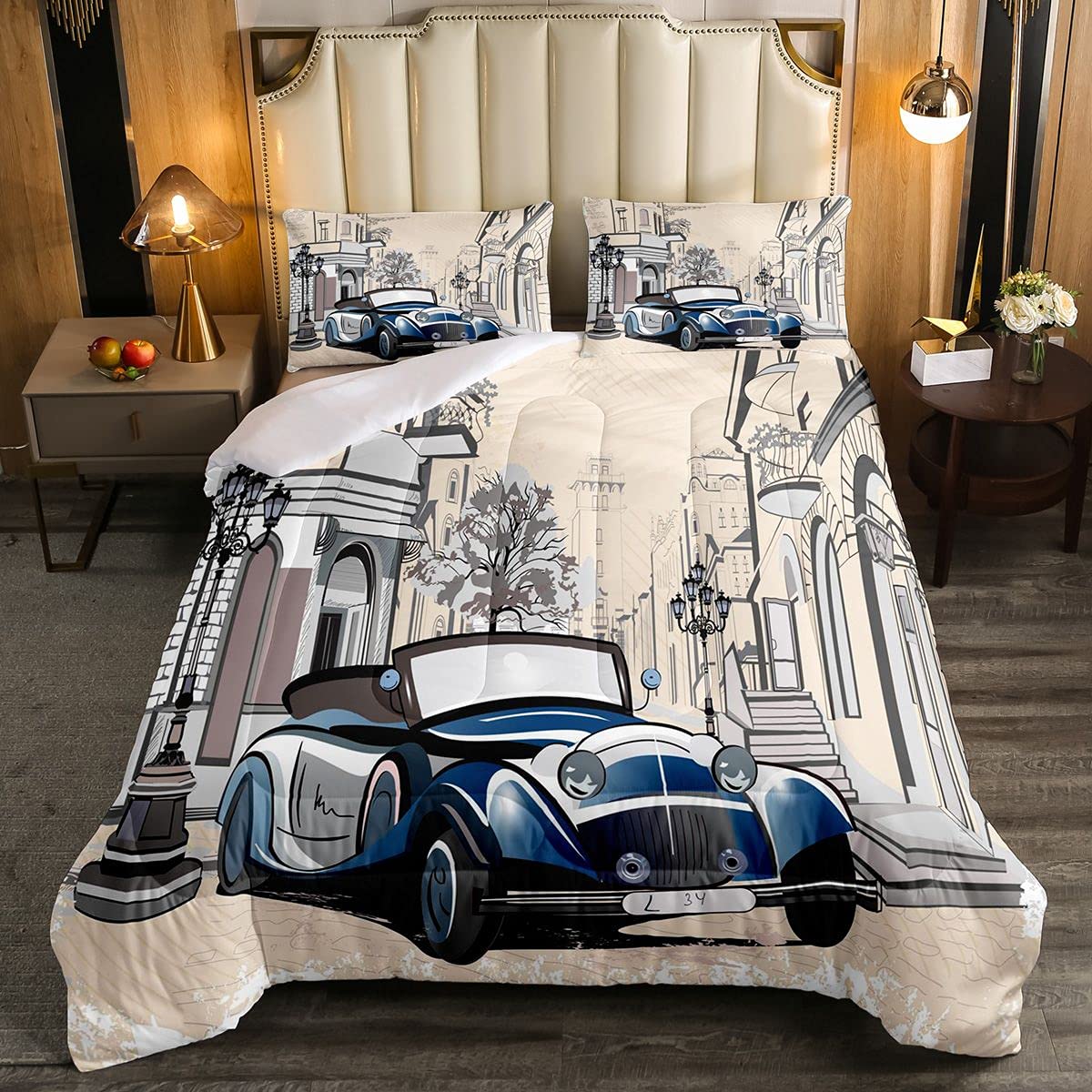 Retro Vintage Car Themed Bedding Set - Cityscape Print Comforter for Kids, Boys & Girls - Breathable Cool Duvet Cover Set Full Size - Modern French Style Teen Room Decor - Perfect for Bedrooms, Dorms & Sleepovers