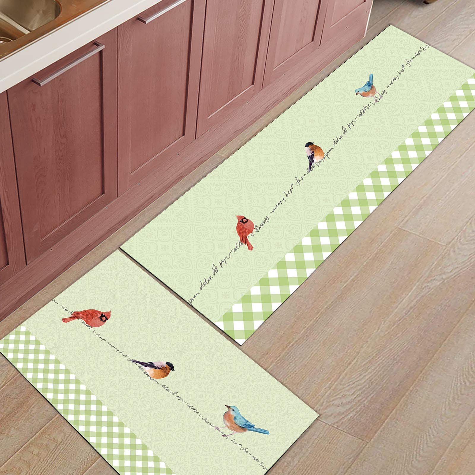 Non-Slip Kitchen Mat Set of 2 - Cute Animal Farm Cardinal Bird Design with Elegant Green Buffalo Check Plaid - Absorbent, Cushioned Comfort Standing Mats for Kitchen, Office & Laundry - Perfect for Home Decor and Floor Protection