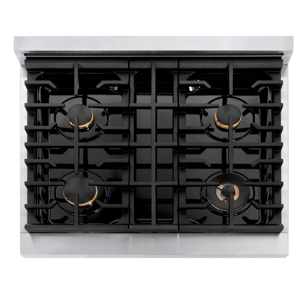 ZLINE Autograph Edition 30-inch 4.2 cu. ft. Dual Fuel Range - Stainless Steel with Champagne Bronze Accents - 4 Burner Gas Cooktop & Electric Convection Oven - Perfect for Modern Kitchens & Professional Cooking (Model SDRZ 30 CB)