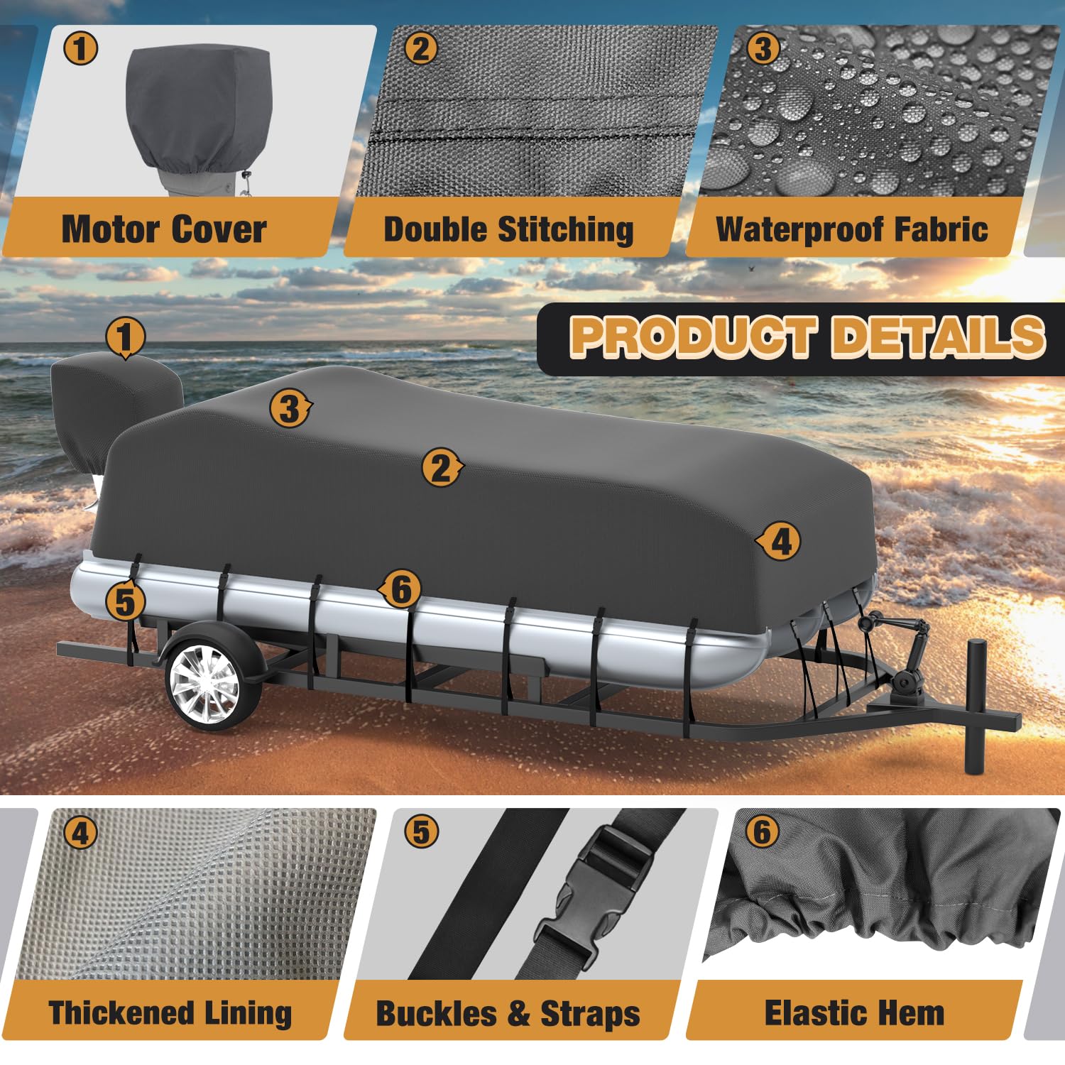 800D Heavy-Duty Pontoon Boat Cover with Motor Cover - Waterproof, UV-Resistant (Grey, Fits 14'-17' Length & 96