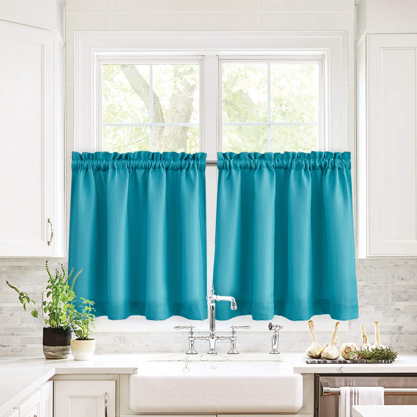Valea Home Waffle Weave Textured Bathroom & Kitchen Window Curtains - Water Repellent, 24 Inch Length, Turquoise, Set of 2 - Perfect for Bathroom Privacy, Kitchen Decor & Half Window Coverings