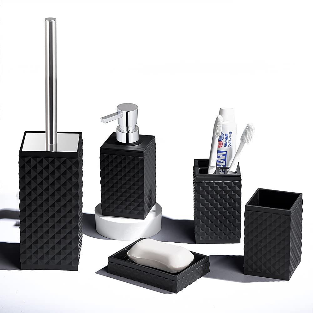 Premium Matte Black Bathroom Accessories Set 6-Piece - Toothbrush Holder, Cup, Soap Dispenser, Dish, Toilet Brush & Holder | Modern Restroom Decor for Countertop, Bathroom & Guest Washroom Organization