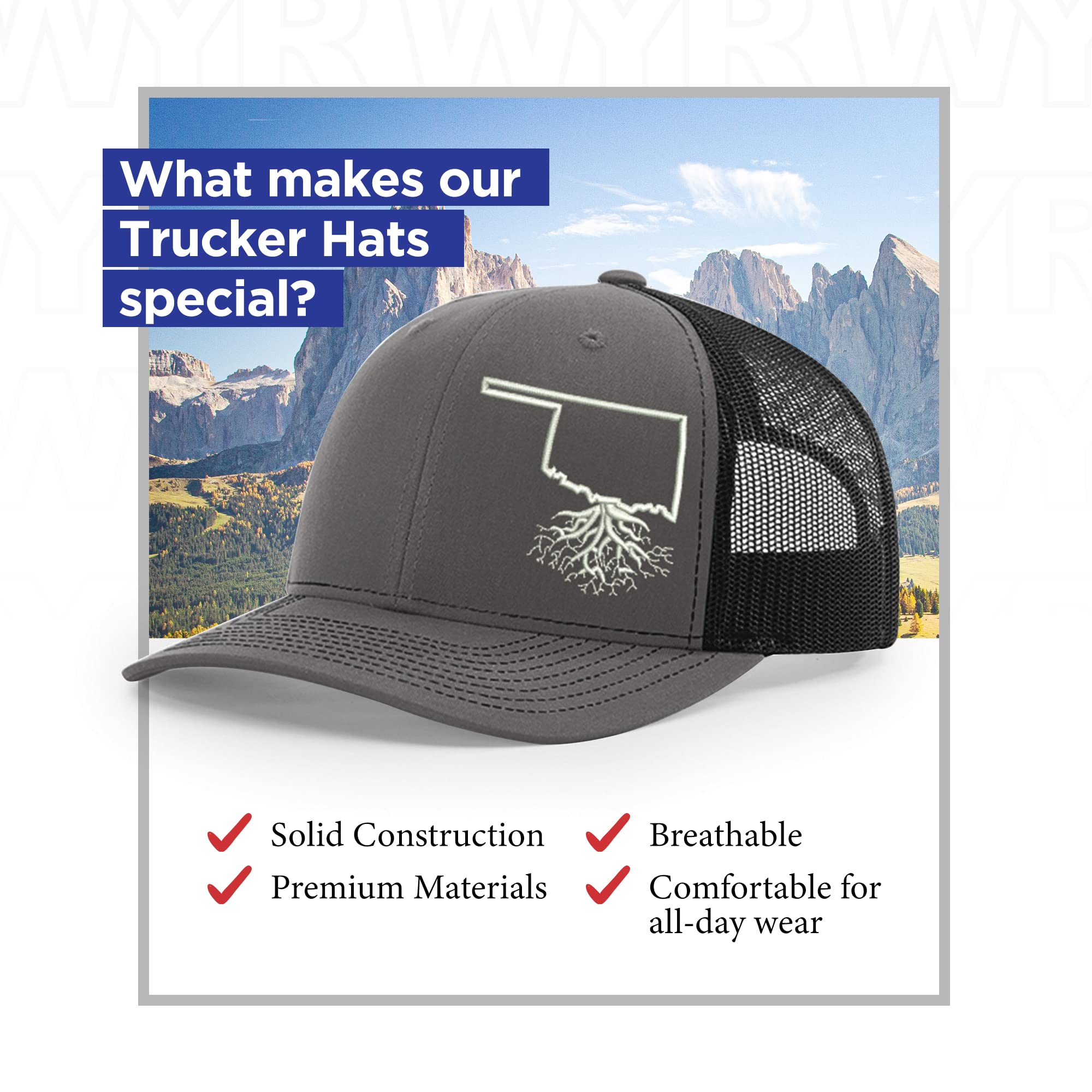 Oklahoma Roots Snapback Hat - Stylish Unisex Baseball Cap with Mesh Back, Polyester Cotton Six-Panel Trucker Hat, One Size Fits All (Charcoal & Black) - Perfect for Outdoor Activities, Sports Events & Casual Wear