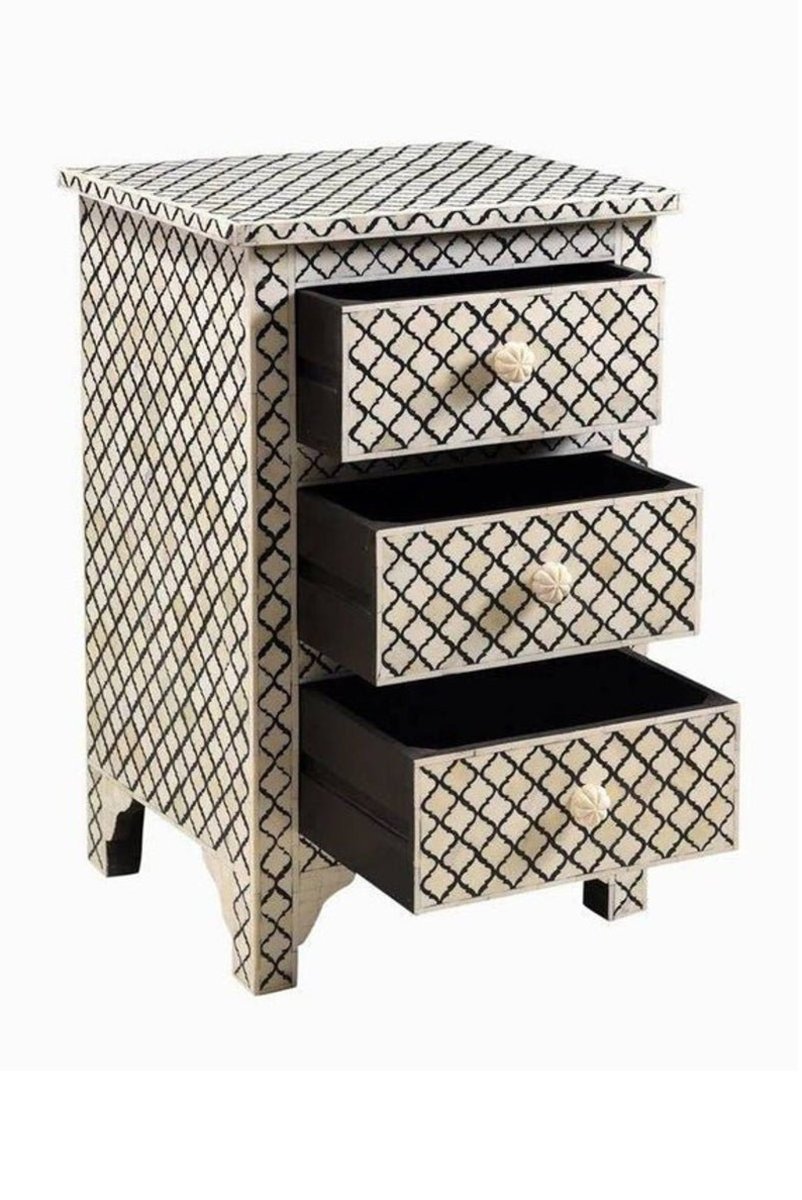 Handmade Black Bone Inlay Nightstand with 3 Drawers - Vintage Boho Bedside Table for Bedroom, Living Room & Guest Room Decor