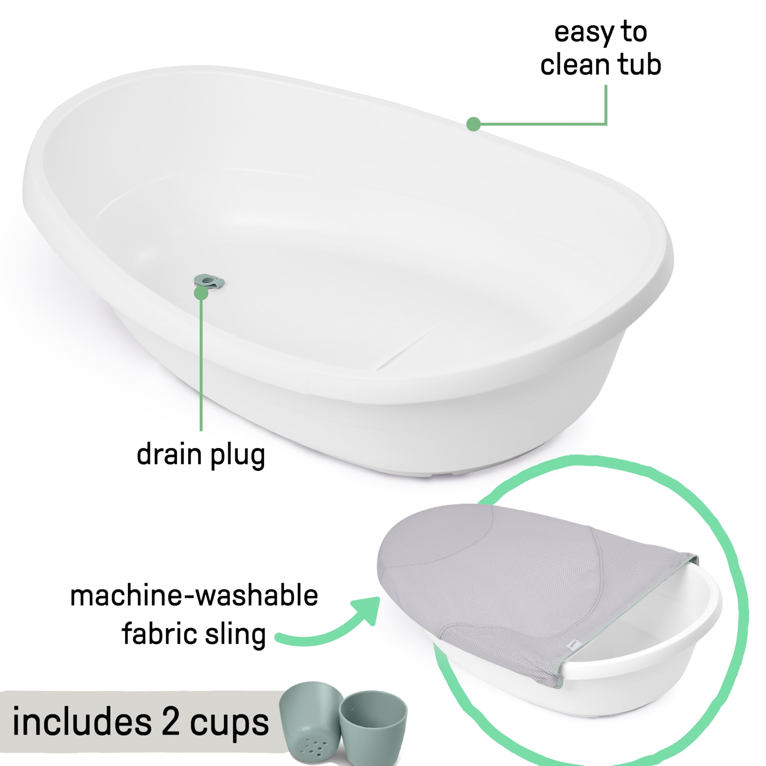 Ingenuity Room to Soak 4-in-1 Baby Bath Tub for Newborn to Toddler | Adjustable Sling & Supportive Seat | Includes 2 Pour & Rinse Cups | Easy Drain Plug | 0M+ | Perfect for Bath Time Safety & Comfort in Nursery or Travel