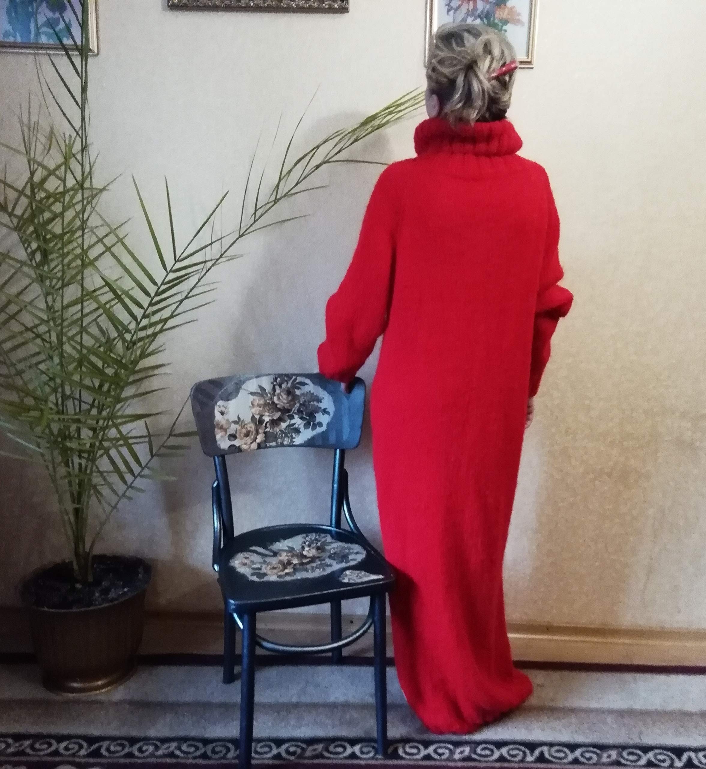 Handmade Bright Red Mohair Turtleneck Sweater Dress for Women - Oversized High Collar, Long Braid, Chunky Knit, Elegant Maternity Tunic, Floor Length | Perfect for Winter Weddings, Holiday Parties & Cozy Office Wear