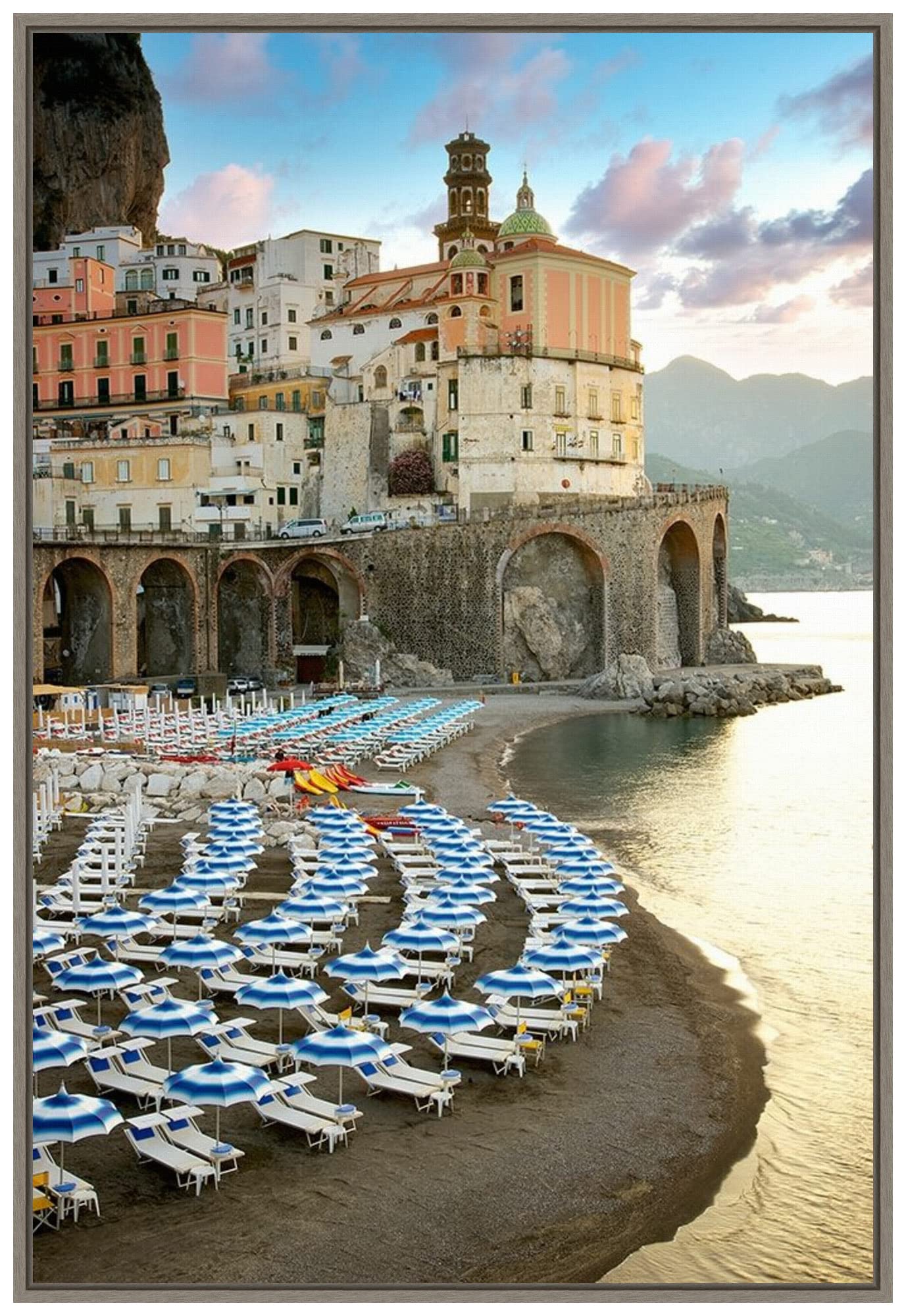 Amanti Art Framed Canvas Wall Art - 33x23 Sunrise Atrani Coastal Painting by Alan Blaustein | Beach Landscape Artwork, Rustic Home Decor | Perfect for Living Room, Bedroom, Bathroom & Office Wall Decor | Coastal Theme Interior Design