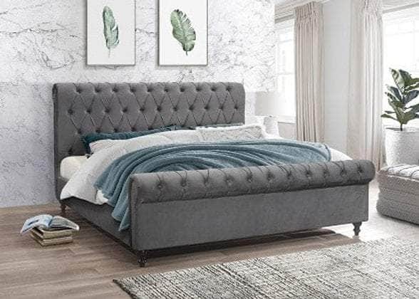 Waterloo Tufted Velvet Sleigh Platform Bed - Grey Upholstered Bed Frame with Storage | Queen & King Size Options | Perfect for Modern Bedroom & Guest Room Decor