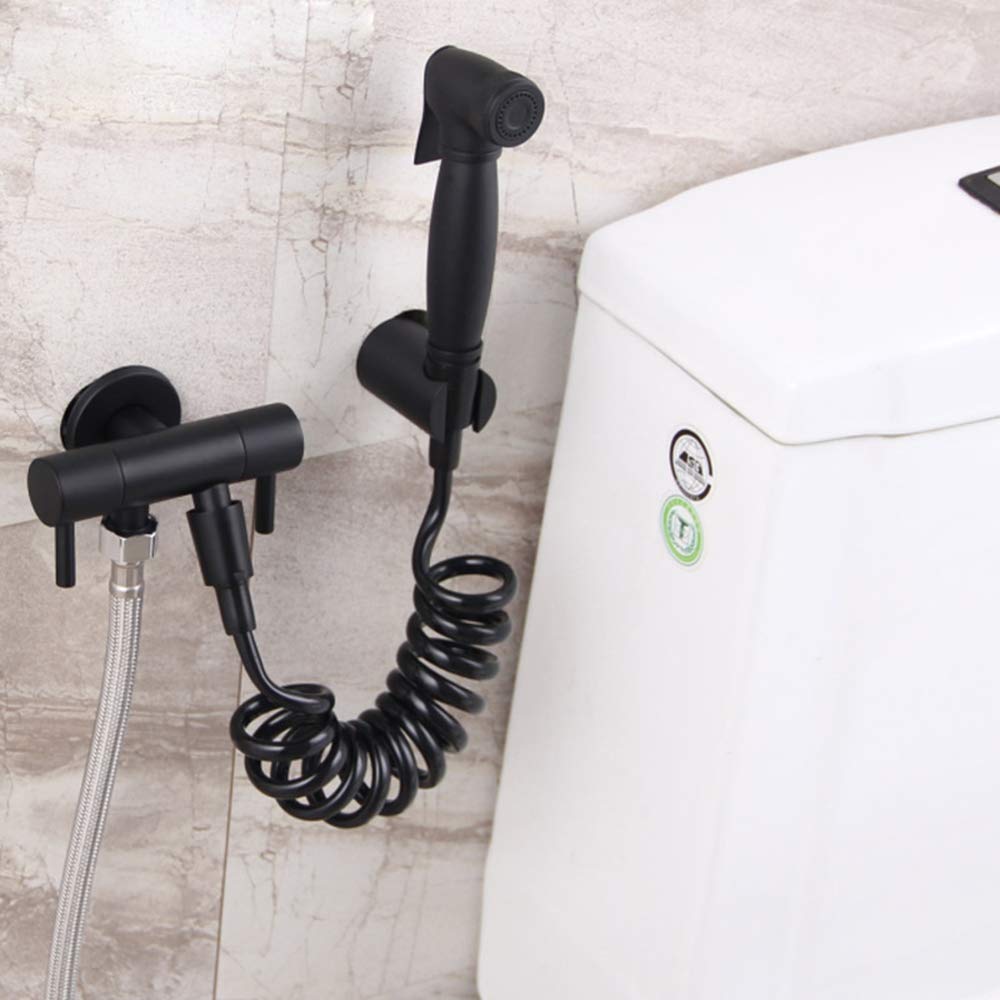 Black Handheld Toilet Sprayer - Dual Handle Bathroom Bidet Sprayer Set with Cold Water Wall Mount & Spring Hose - Perfect for Baby Cloth Diaper Cleaning, Personal Hygiene & Household Use