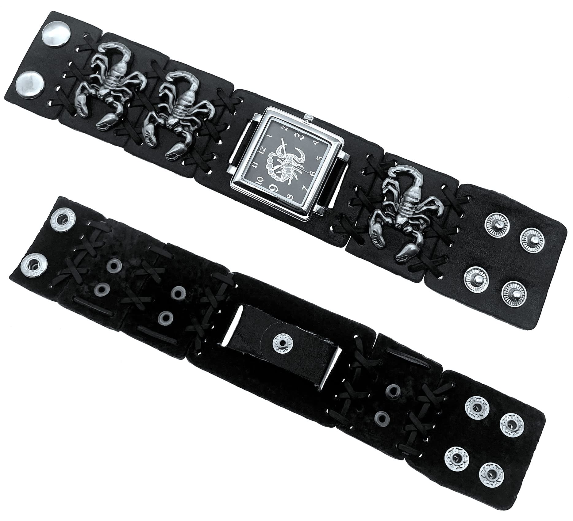 Scorpion Punk Men & Women Black Leather Cuff Band Watch - Wide Strap Rock Locomotive Fashion Timepiece for Casual Wear, Gothic Style, and Night Out Accessories