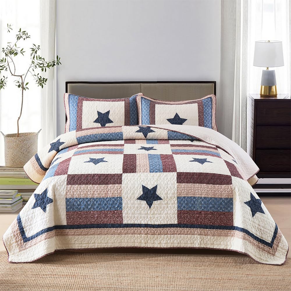 Premium 3-Piece Cotton Reversible Quilt Set - All-Season Queen Size Bedspread with Star Pattern for Boys | Soft & Breathable Patchwork Coverlet for Bedroom Decor, Guest Room, or Kids' Room