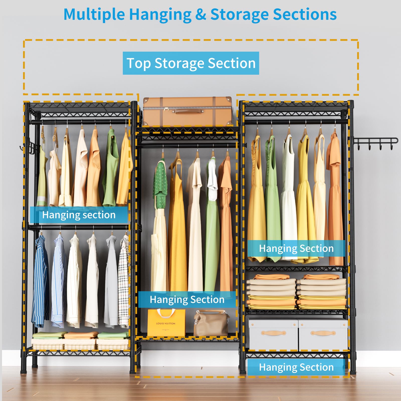 Heavy Duty Garment Rack - Large Freestanding Clothes Rack with 8 Adjustable Wire Shelves & 4 Hanging Rods, 800lbs Capacity Metal Wardrobe Organizer for Closet Storage | Perfect for Bedroom, Laundry Room, Walk-in Closet and Clothing Boutique
