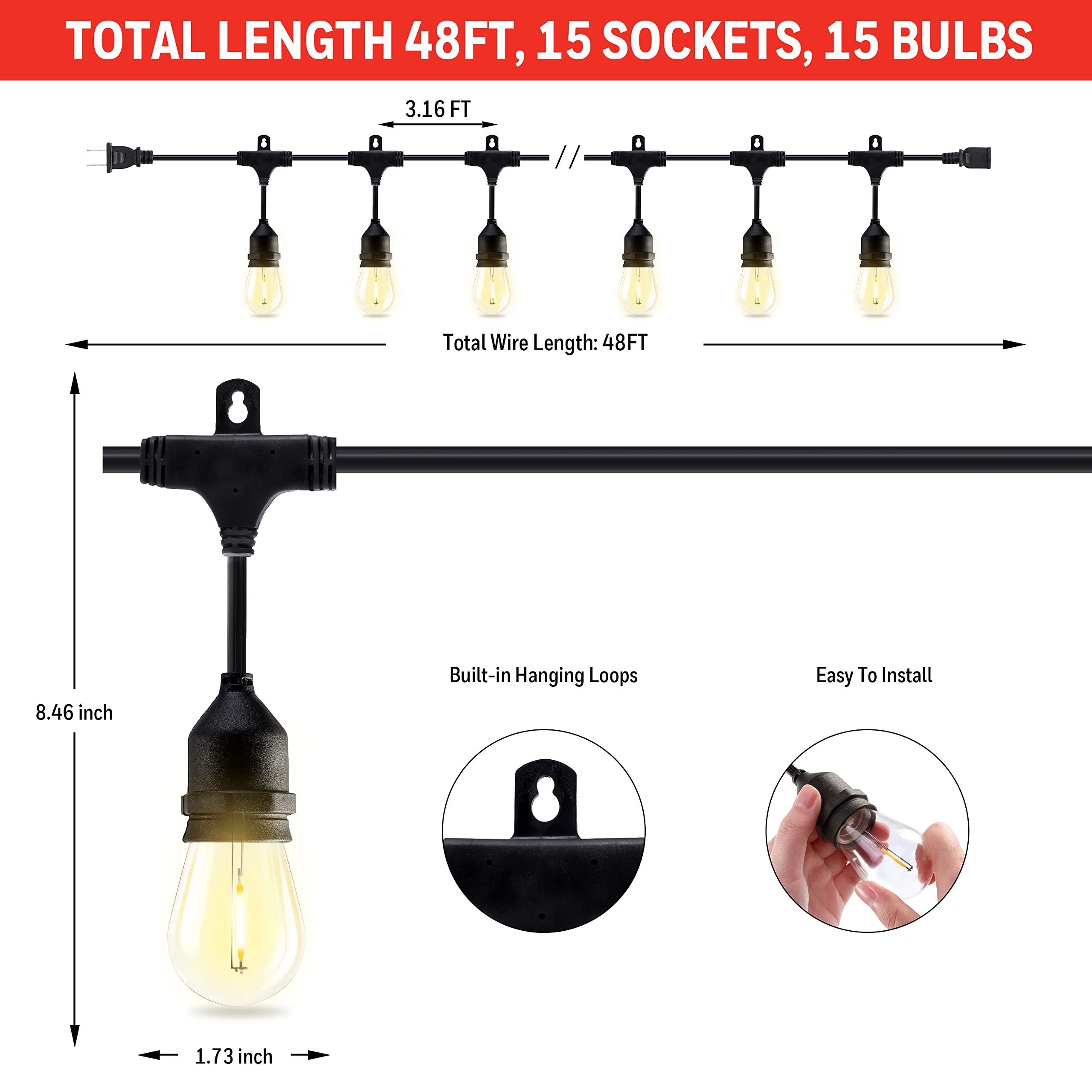 Honeywell 48 FT Outdoor String Lights - Commercial Grade Waterproof LED Patio Lights with 15 Plastic E26 Bulbs - Perfect for Backyard, Garden, Cafe, and Restaurant Ambience Lighting