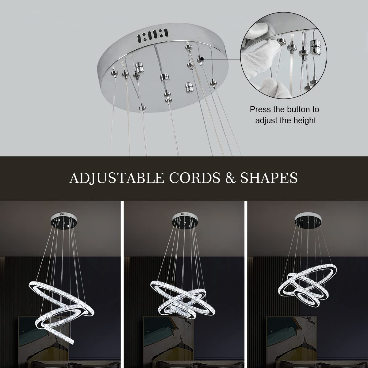 Buccleuch Modern Crystal Chandelier - Dimmable LED Pendant Light with 3-Ring Adjustable Stainless Steel Design | Silver Dining Room Chandelier for Bedroom & Living Room Lighting | ETL Certified for Home & Office Decor