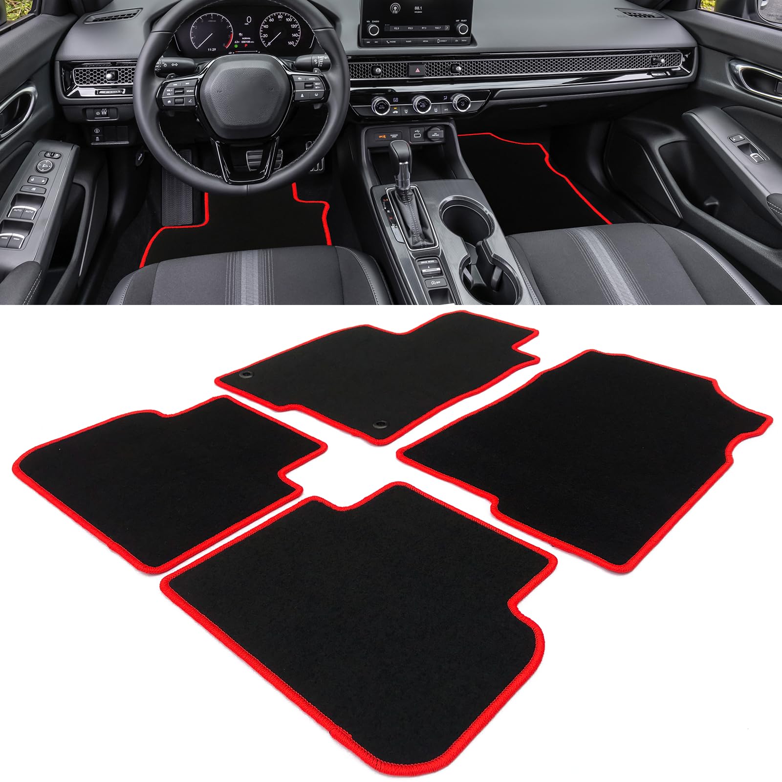 IKON MOTORSPORTS Custom Fit All-Weather Floor Mats for 2022-2024 Honda Civic Sedan & Hatchback 4-Door & Acura Integra - Black with Red Trim Heavy Duty Nylon Car Mats 4-Piece Set - Perfect for Daily Commute, Road Trips and All-Season Protection