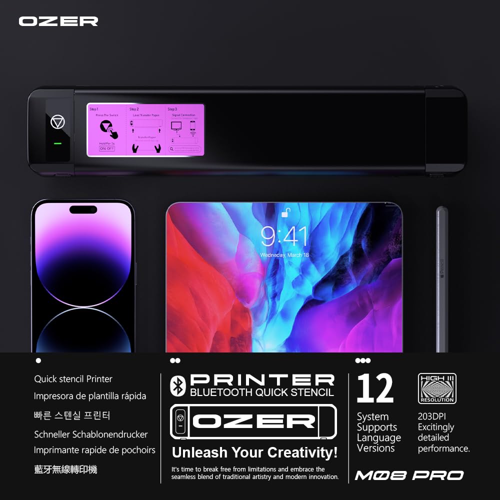OZER M08Pro Wireless Tattoo Transfer Stencil Printer - Inkless Thermal Copier Machine for Tattoo Artists | Compact Design, Smartphone & Laptop Compatible | Perfect for Studio & Mobile Tattoo Services