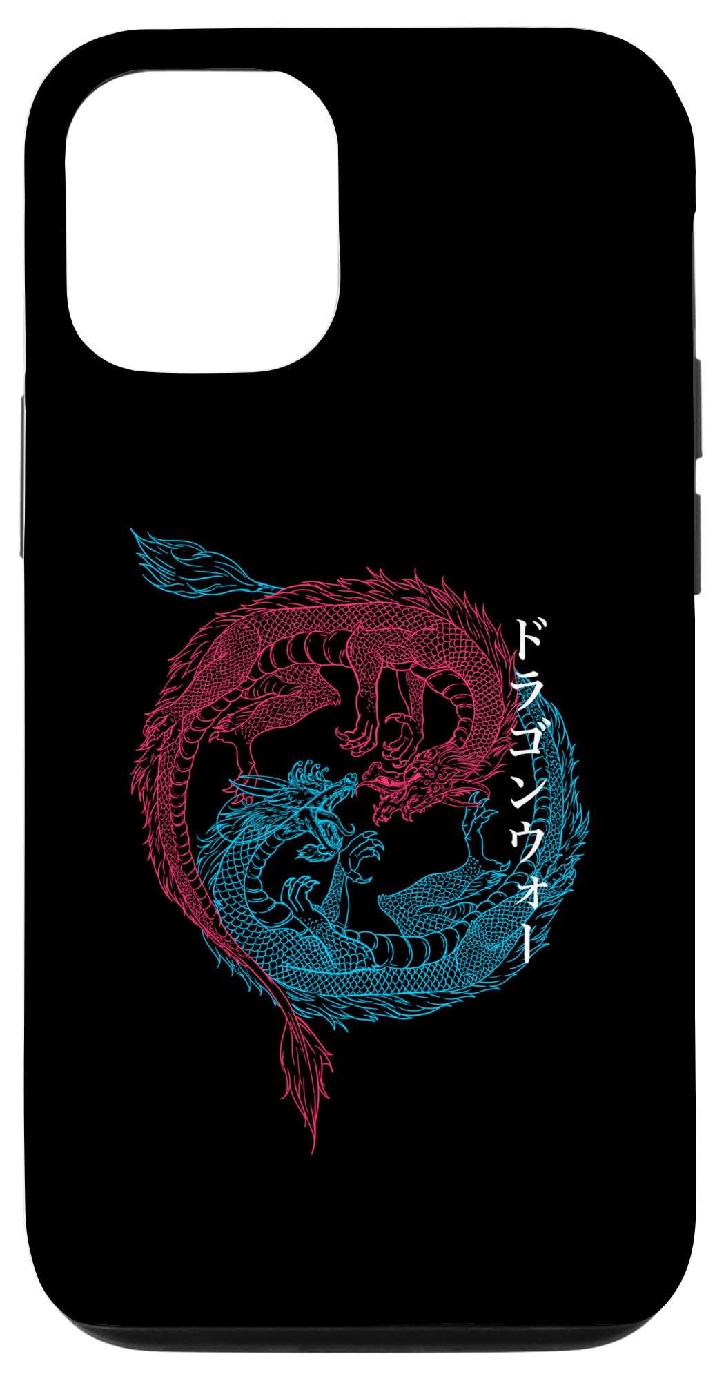 iPhone 12/12 Pro Case - Red & Blue Japanese Dragon Design with Yin Yang Kanji Writing | Stylish Protective Cover for Daily Use & Travel