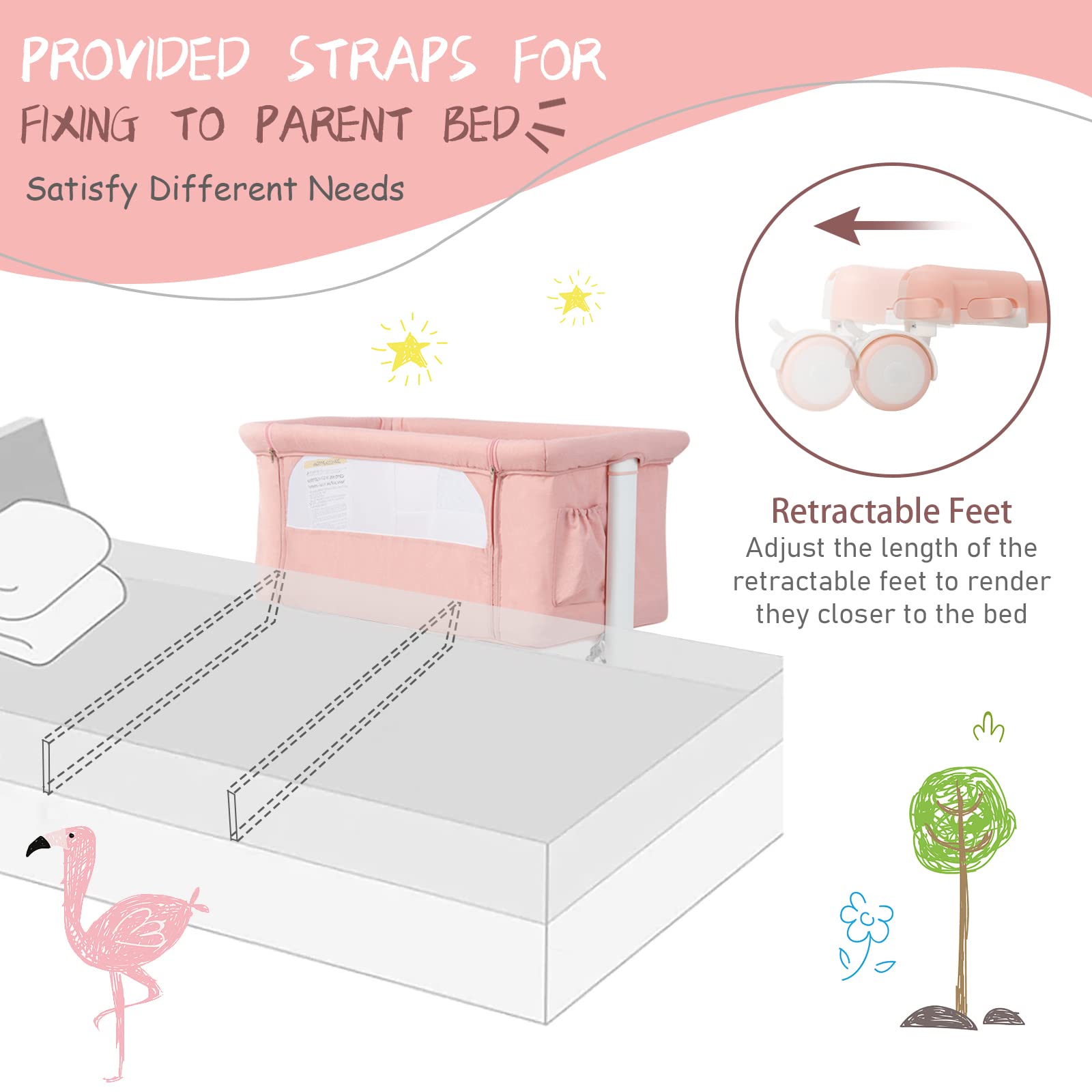 HONEY JOY 3-in-1 Portable Baby Bassinet Bedside Sleeper - Adjustable Height Folding Crib with Wheels, Mattress & Carry Bag for Newborns & Infants (Pink) | Perfect for Nursery, Bedside Co-Sleeping & Travel