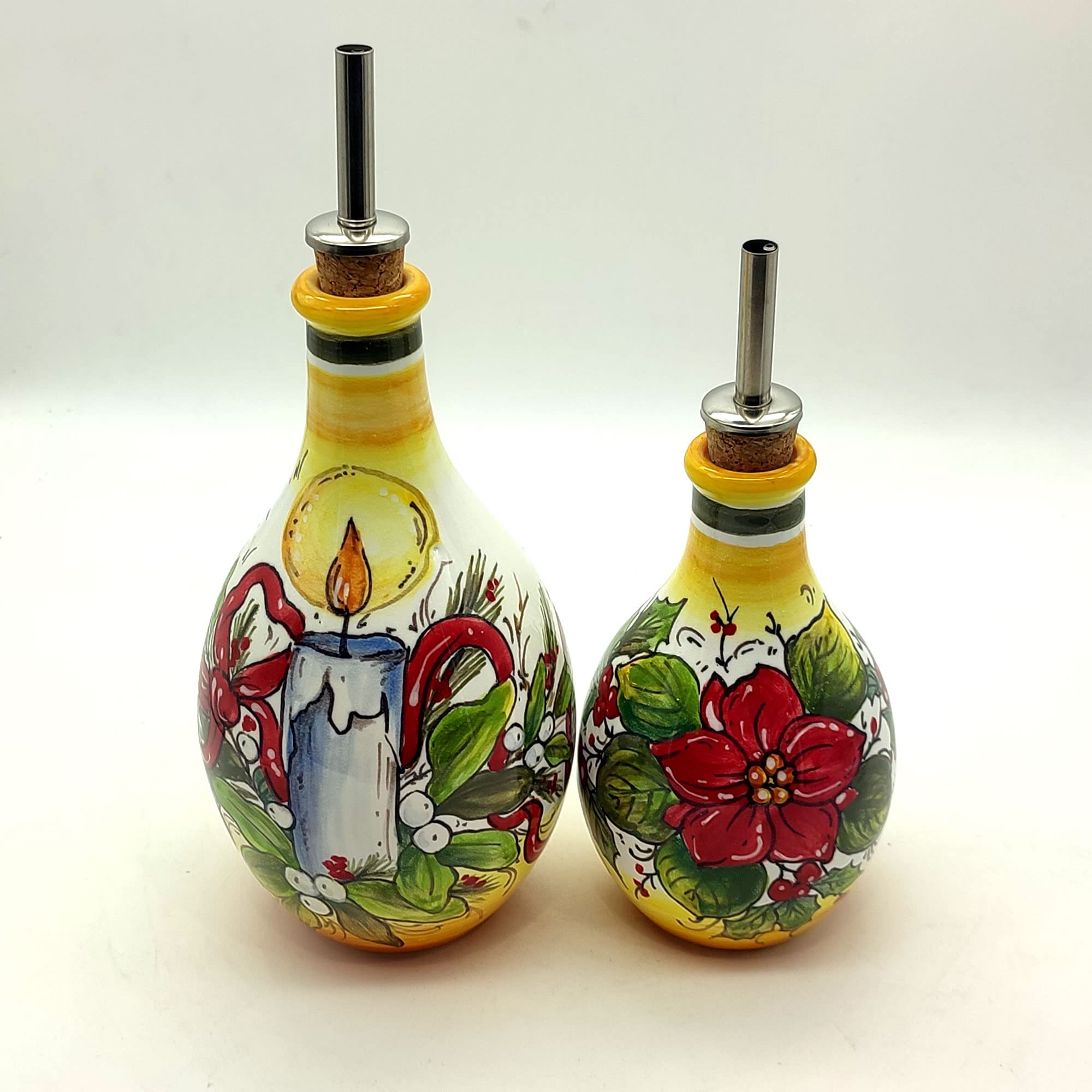 Italian Hand-Painted Ceramic Oil and Vinegar Dispenser Set - Tuscan Christmas Design Kitchen Decor - Made in Italy - Perfect for Gifting & Holiday Dining