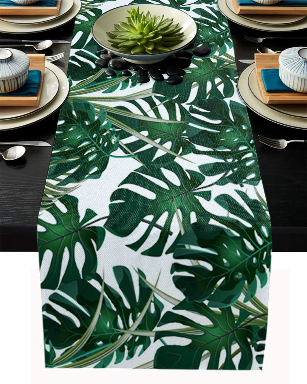 African Arts Tropical Palm Leaf Cotton Linen Table Runner - 18 x 72 Inch Rectangle Table Setting Cover for Party, Holiday, Wedding & Farmhouse Kitchen Decor | Perfect for Dining Room, Buffet, and Dresser Scarf