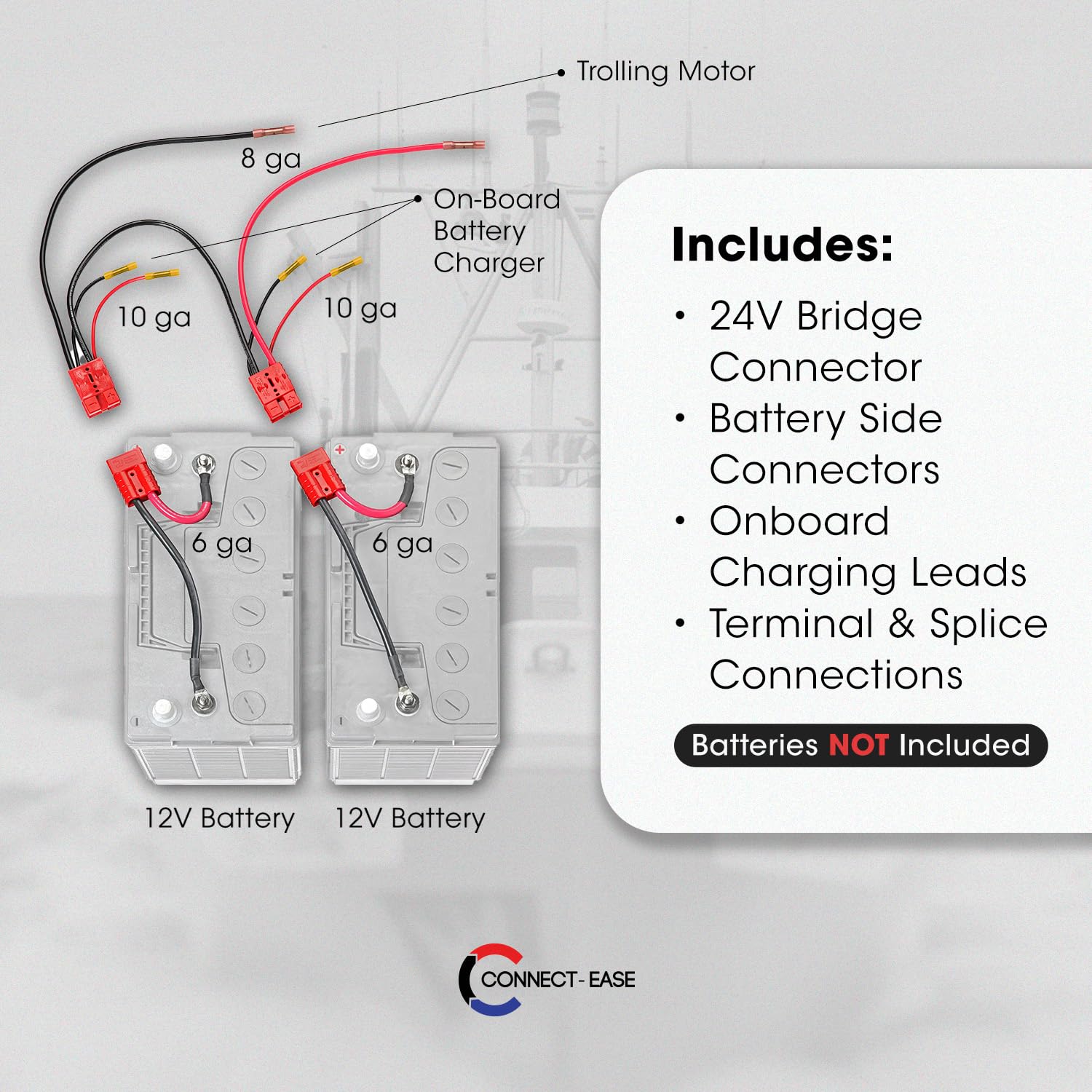 24V Trolling Motor Connection Kit RCE24VBCHK - Series Wiring for 12V Batteries with Onboard Charger | Marine-Grade Waterproof Connectors | Plug & Play Installation | Perfect for Bass Boats, Kayaks & Small Watercraft (Batteries Sold Separately)