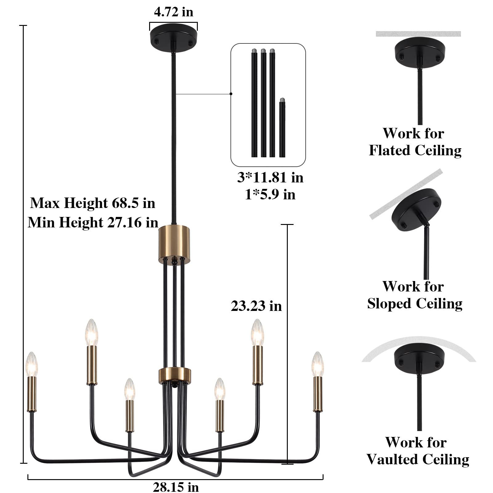 6-Light Modern Farmhouse Chandelier - Black & Gold Dining Room Ceiling Light Fixture - Elegant Kitchen, Living Room, Bedroom & Entryway Lighting - Perfect for Farmhouse, Rustic & Contemporary Home Decor