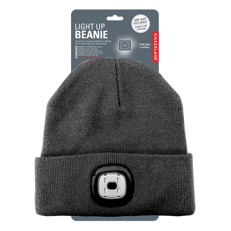 Kikkerland LED Light Up Beanie Hat - Grey Winter Knit Cap with Built-in Lights for Night Running, Safety, and Outdoor Activities