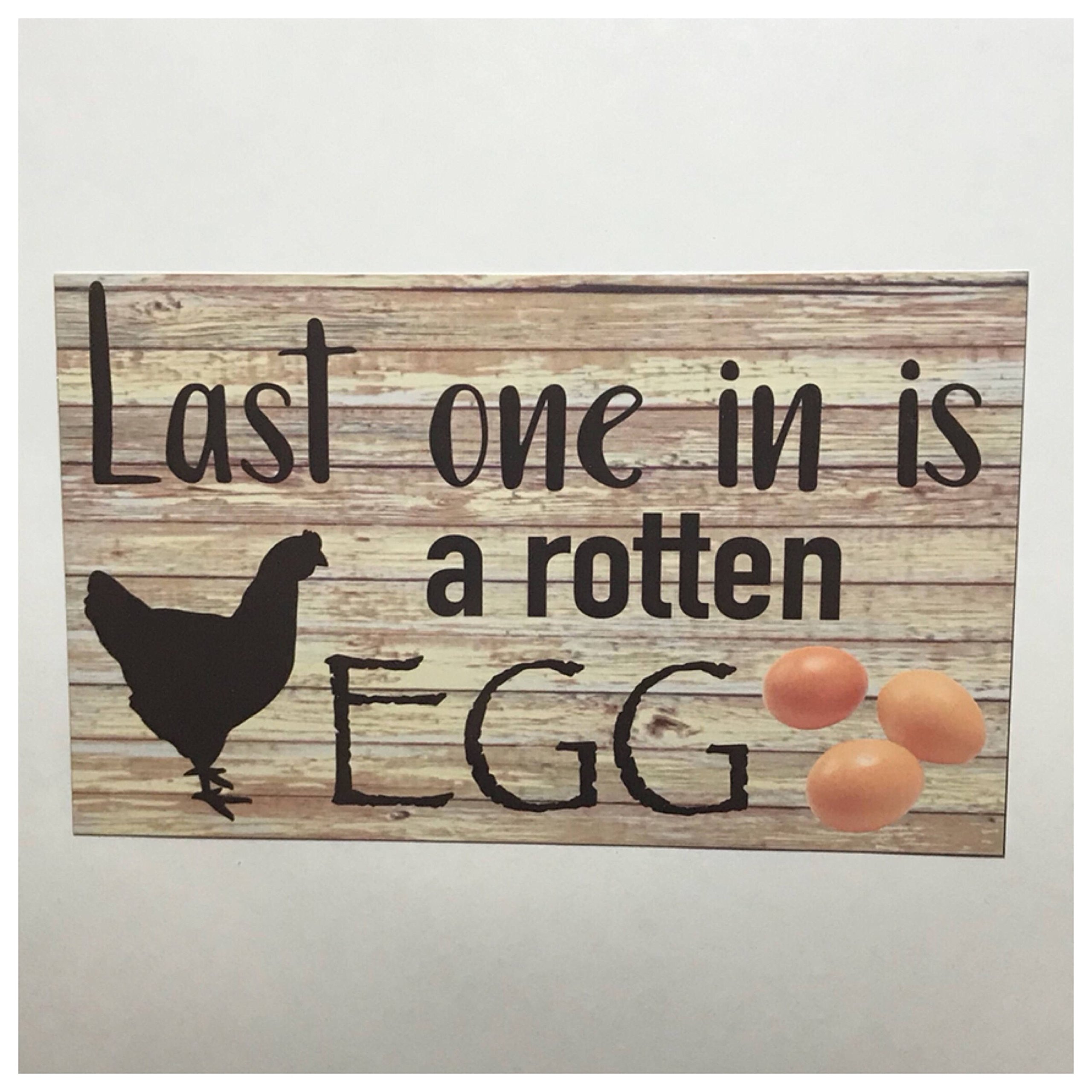 Vintage Metal Tin Sign - 'Last One in is A Rotten Egg' Rooster Chicken Farm Decor - Rustic Country Wall Plaque for Home, Kitchen, Dorm or Gym - Perfect Gift for Family & Friends (8x6 Inches) - Ideal for Farmhouse Style, Man Cave, or Country Themed Room Decor