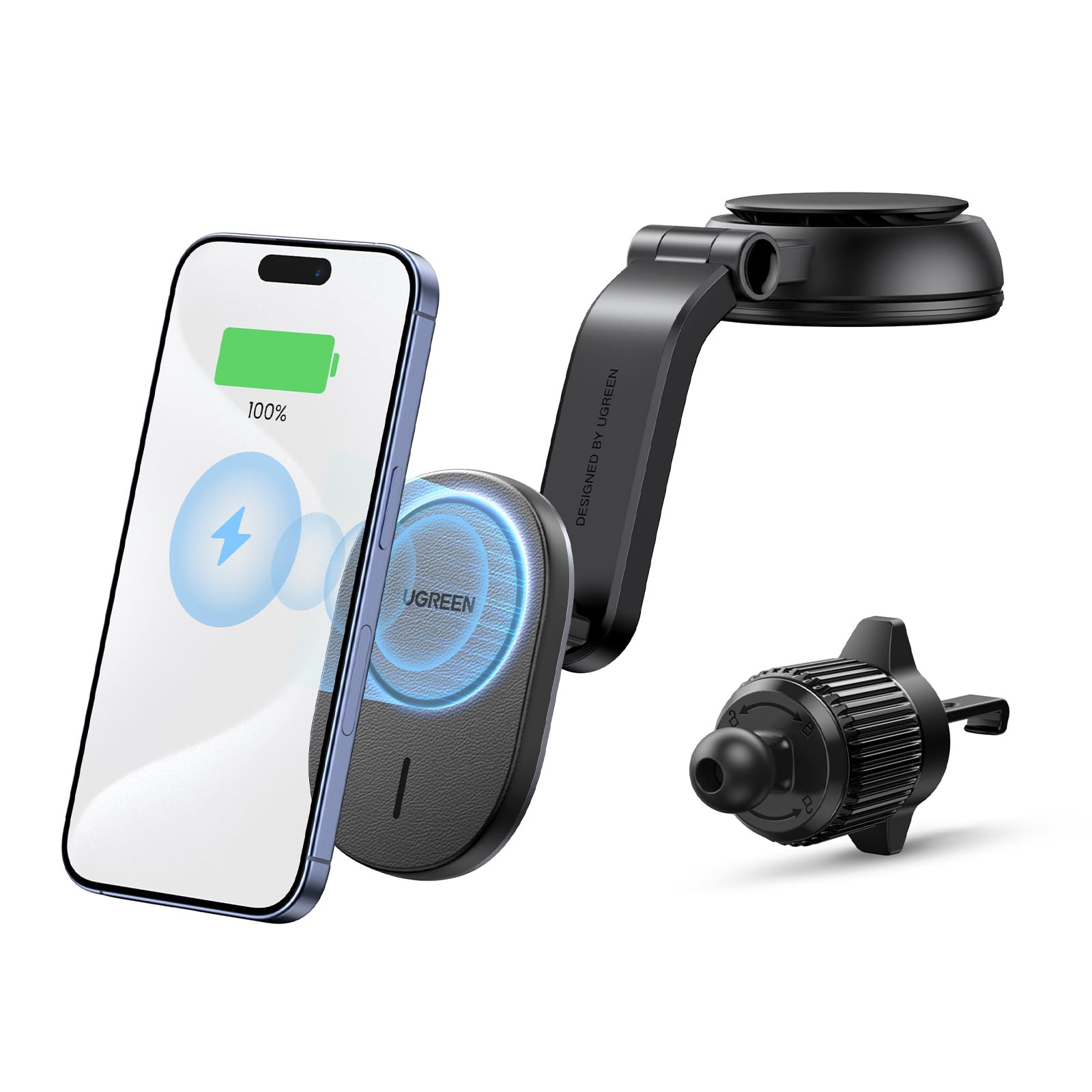 UGREEN 2-in-1 Qi Wireless Car Phone Holder & Charger - 15W Fast Charging, Magnetic Mount Compatible with iPhone 16/15/14/13/12 Pro Max/Plus/Mini & MagSafe - Secure Suction Cup for Hands-Free Driving & Navigation