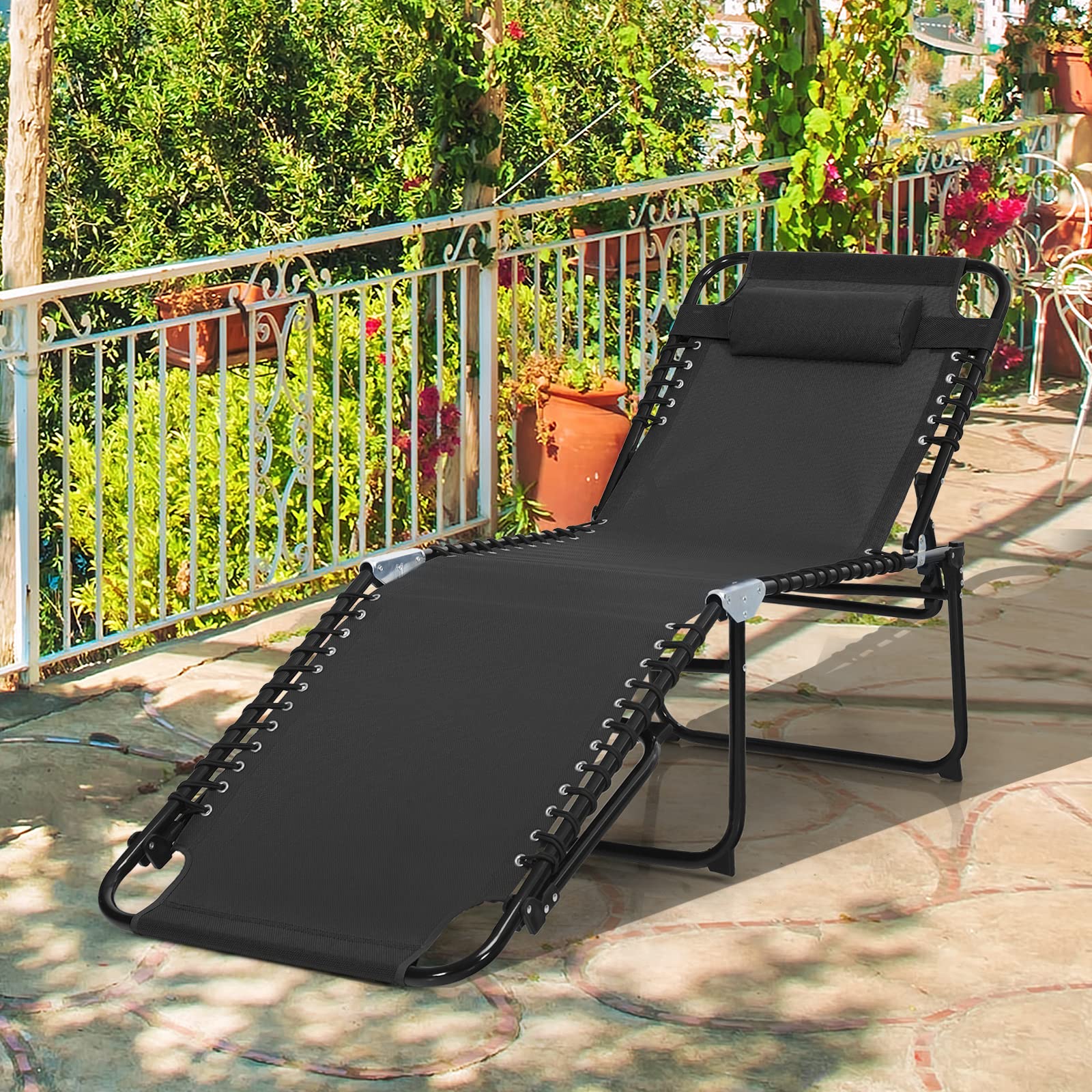 Gymax Outdoor Lounge Chair - Extra Tall Folding Beach Chair with 4-Position Adjustable Backrest, 2-Level Footrest & Removable Pillow - Perfect for Sunbathing, Poolside Relaxation, Patio & Lawn Use (Black)