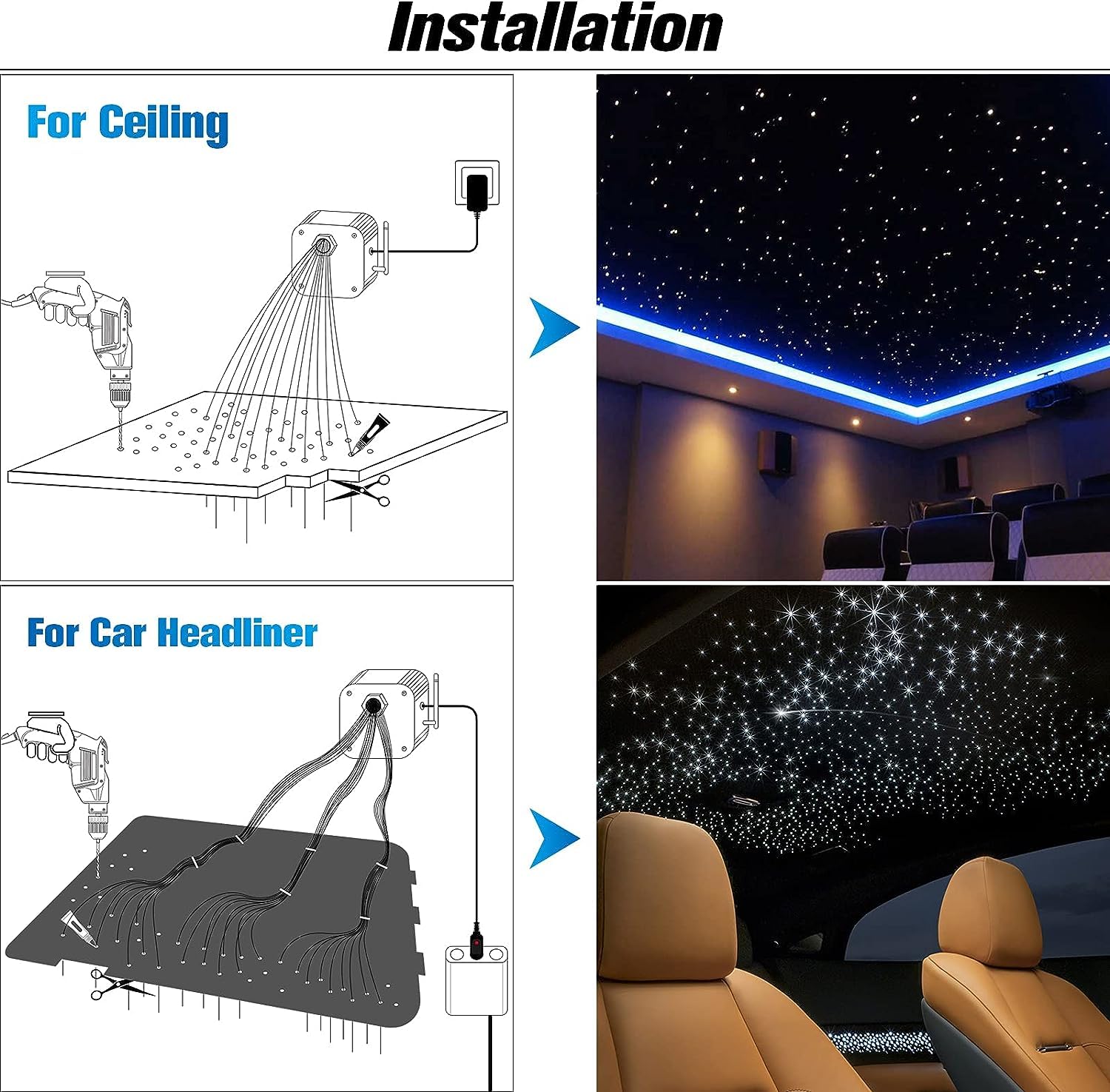 CHINLY Starlight Headliner Kit - 550pcs 9.8ft 0.03in RGBW Fiber Optic Lights with APP & Remote Control | Car Ceiling Star Lights for Interior Decoration, Home Theater, and Romantic Ambience