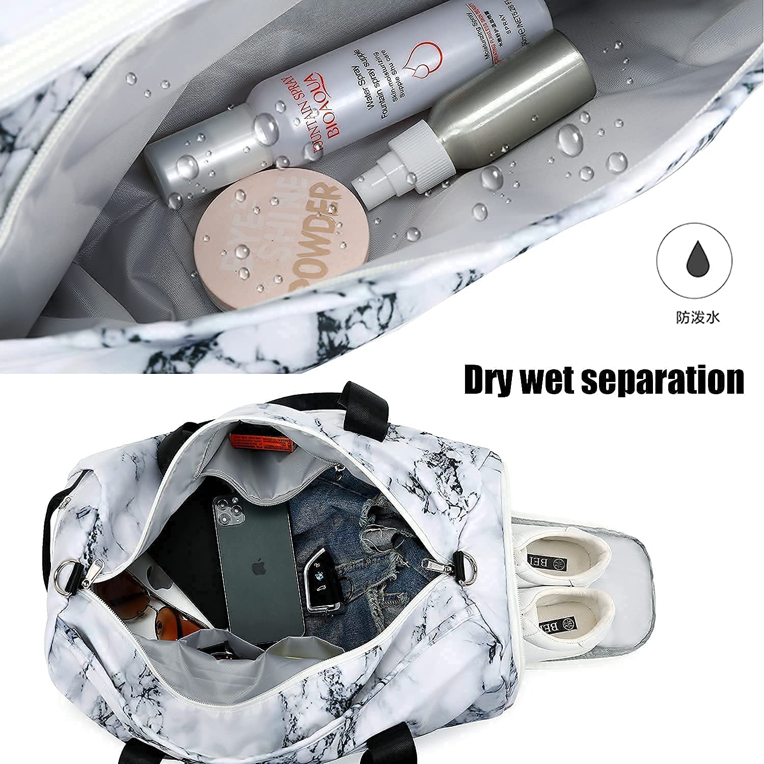 Premium Gym Duffle Bag for Men & Women - Large Sports Travel Duffel with Shoe Compartment & Wet Pocket - 19.7x9.5x9.9 Inches (Marble-White) - Ideal for Gym, Workout, Travel & Sports Gear Storage