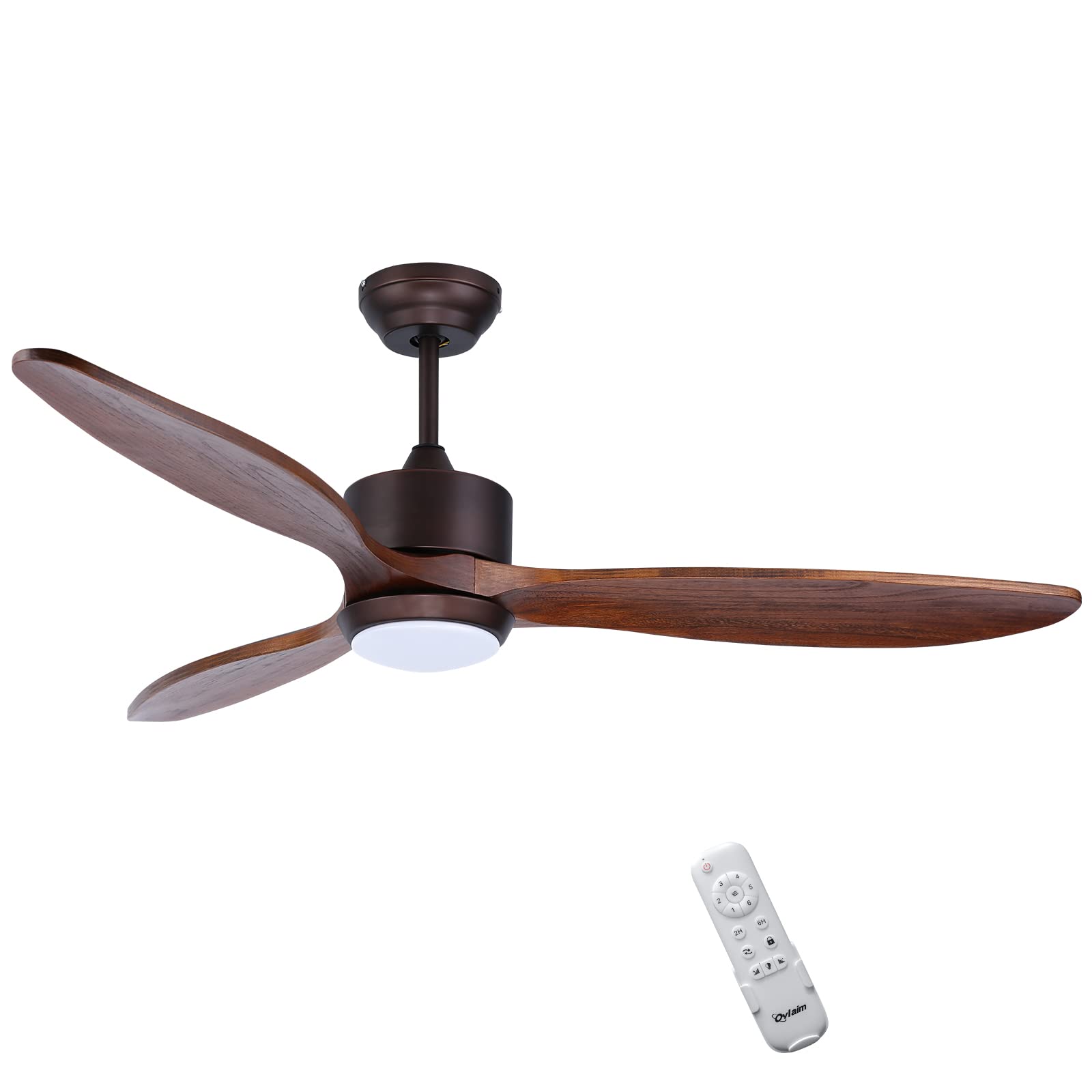 Ovlaim 52 Inch Walnut Wood Ceiling Fan with Light - Dimmable LED, 6-Speed Quiet DC Motor, Large 3-Blade Propeller & Remote Control - Perfect for Outdoor Patio, Living Room & Bedroom (Brown)
