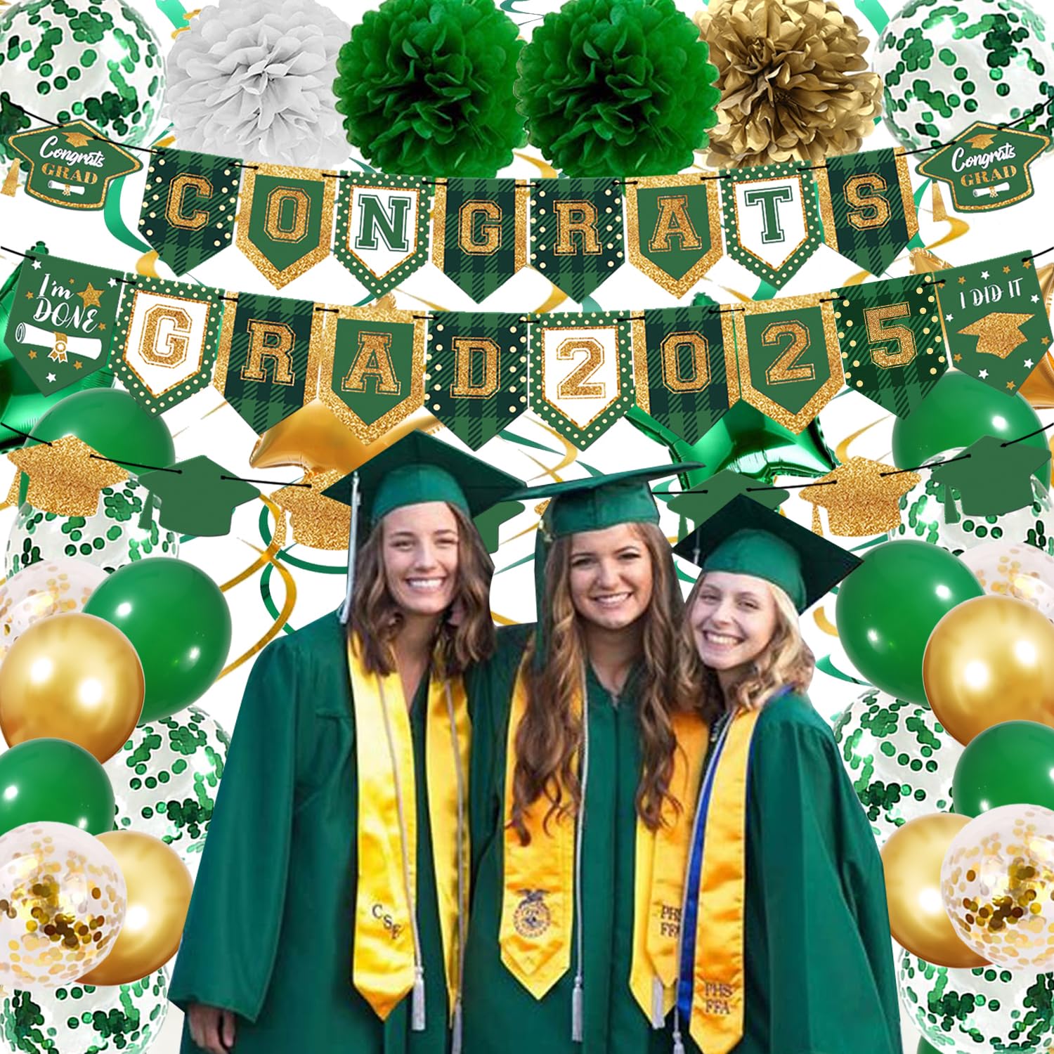 2025 Graduation Party Decorations Kit - Green White Gold Class of 2025 Congrats Grad Banners, Paper Pompoms & Foil Balloons | Perfect for High School & College Graduation Celebrations, Photo Backdrops & Party Supplies