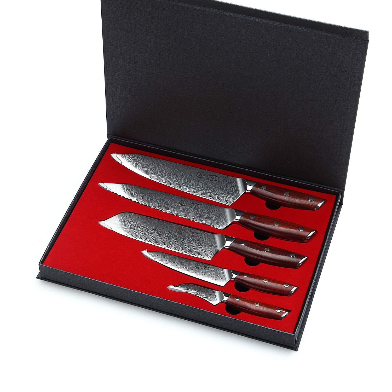 YARENH 5-Piece Damascus Stainless Steel Bread Knife Set with Dalbergia Wooden Handle - Professional Chef Kitchen Knives for Slicing Bread, Cake & Pastries | Ideal for Home Baking, Restaurants & Culinary Gifts