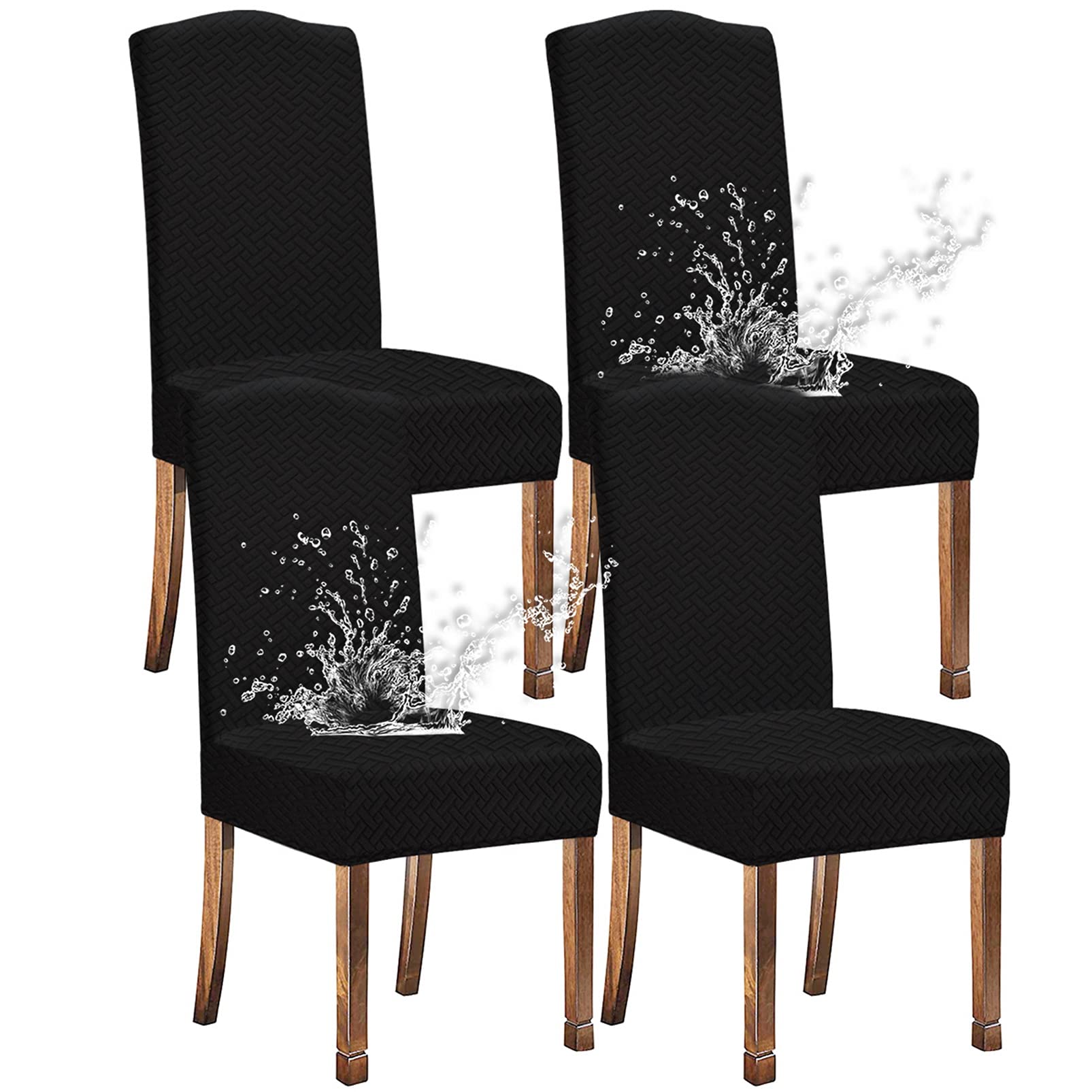 Premium Stretch Dining Chair Covers Set of 4 - Waterproof Washable Slipcovers for High Back Chairs - Fits Kitchen, Dining Room & Living Room Furniture - Elegant Black Home Decor for Everyday Use & Special Occasions