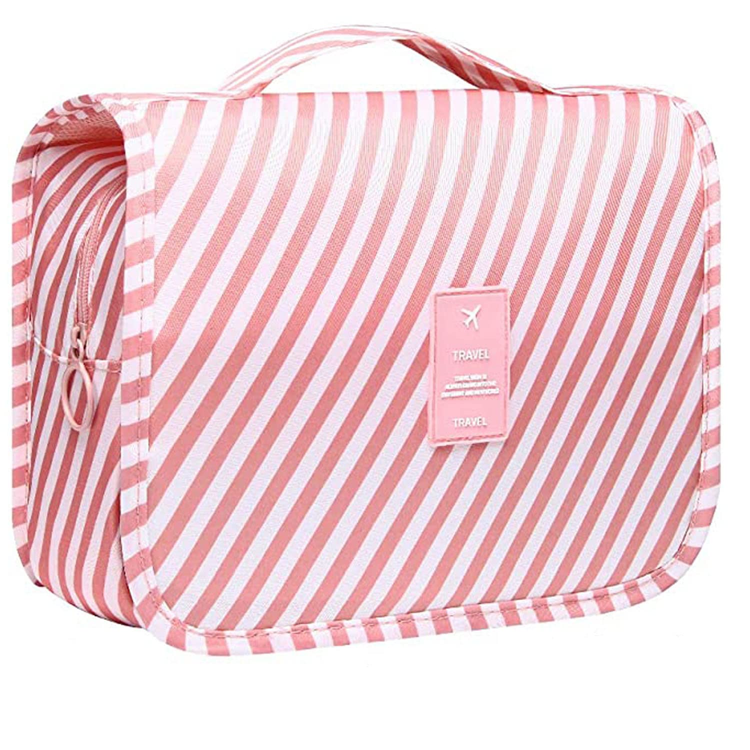 Waterproof Hanging Travel Toiletry Bag for Women - Foldable Cosmetic Organizer with Pink Stripes, Perfect for Makeup, Toiletries & Travel Essentials - Ideal for Vacation, Camping & Gym Use